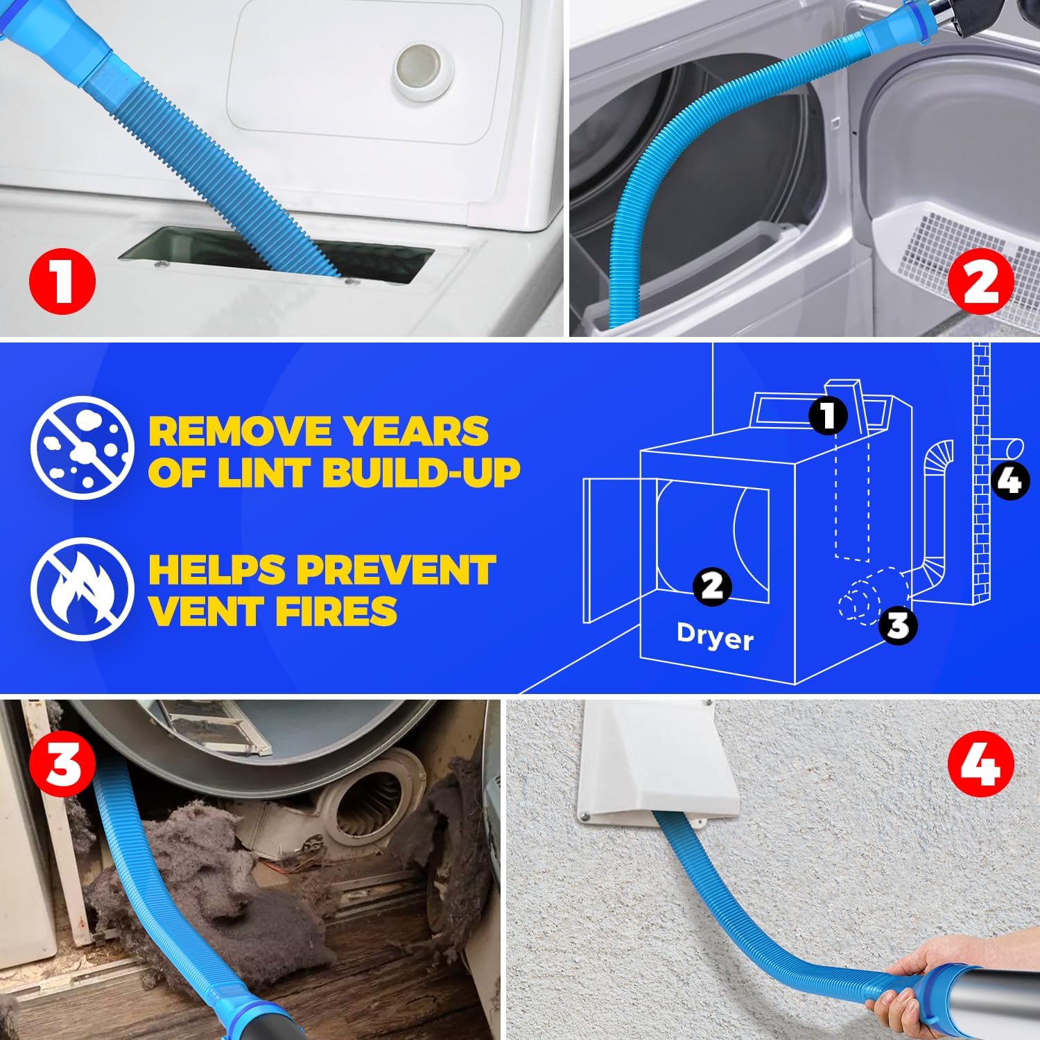 3 Pieces Dryer Vent Cleaner Kit - Lint Screens Brush Part,Dryer Trap Vacuum Brush,Vacuum Hose Attachment,Compatible with Most Cleaner,Quickly Removers 3p-blue - Image 4