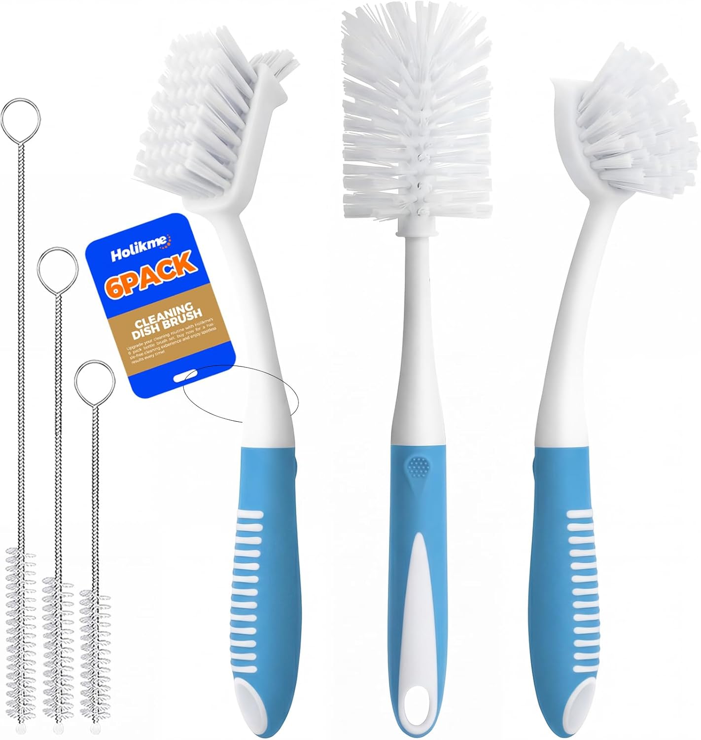 6 Pack Dish Brush Set with Bottle Brush, Scrub Pan and 3 Straw Brushes, Deep Cleaning Handle Scraper Tip for Kitchen Sink Dishes Cup Pot Pans (Blue) - - Image 1