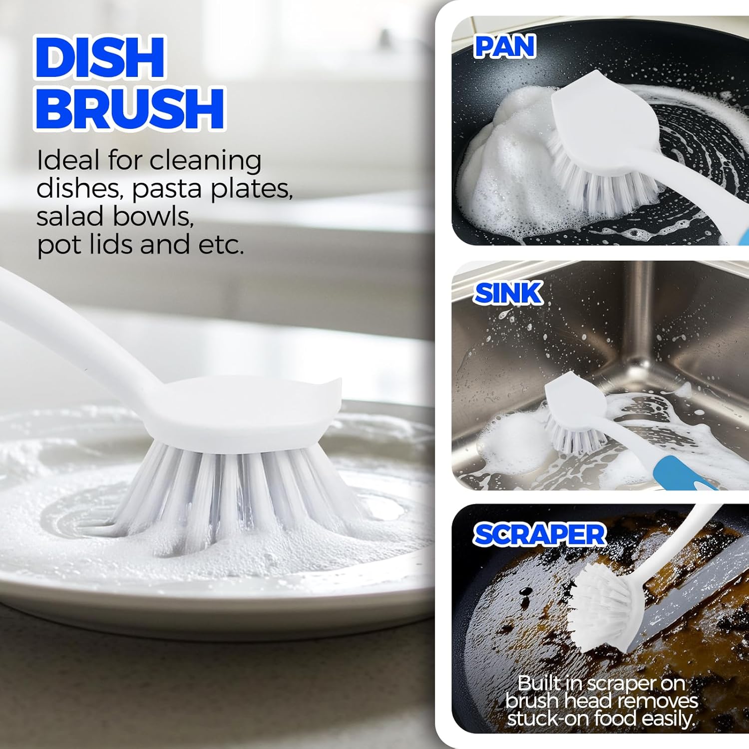 6 Pack Dish Brush Set with Bottle Brush, Scrub Pan and 3 Straw Brushes, Deep Cleaning Handle Scraper Tip for Kitchen Sink Dishes Cup Pot Pans (Blue) - - Image 2