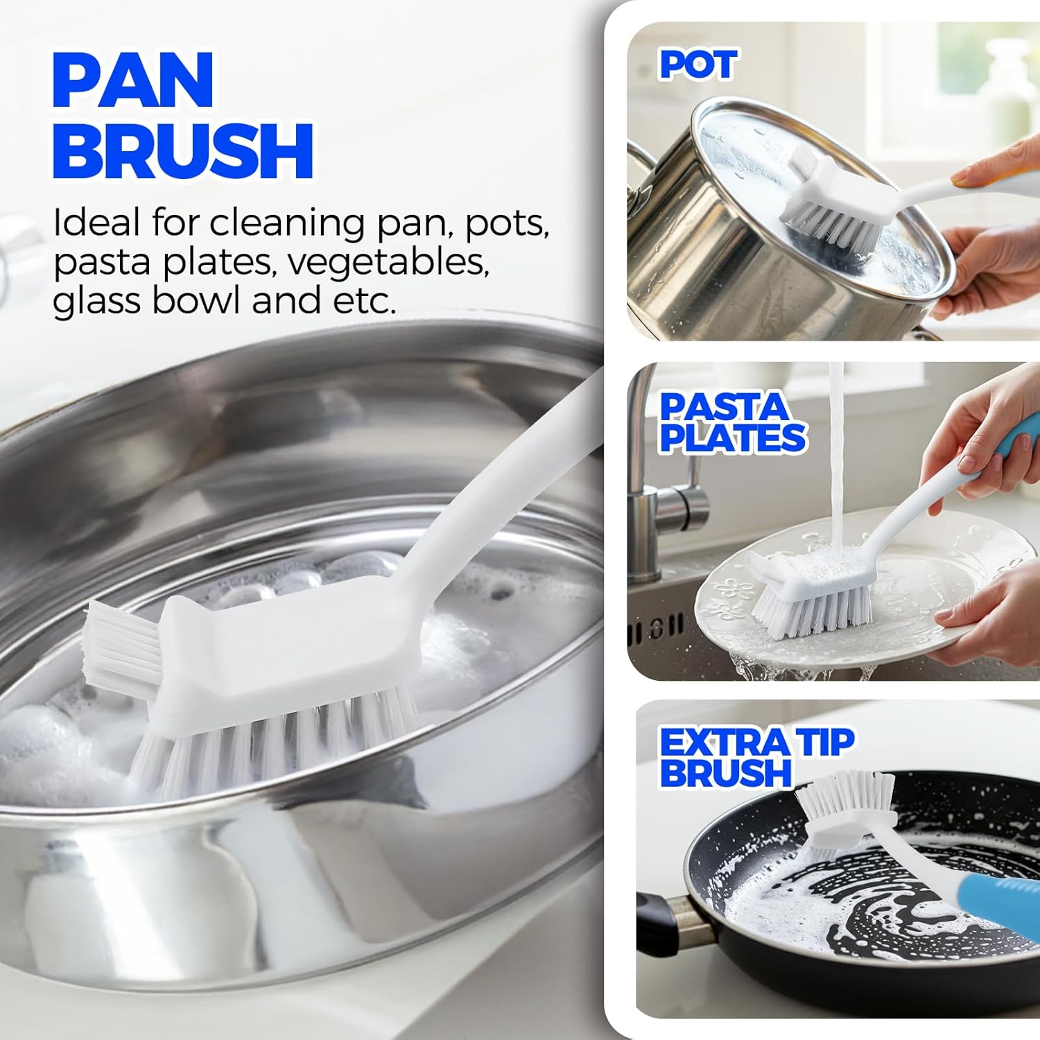 6 Pack Dish Brush Set with Bottle Brush, Scrub Pan and 3 Straw Brushes, Deep Cleaning Handle Scraper Tip for Kitchen Sink Dishes Cup Pot Pans (Blue) - - Image 3