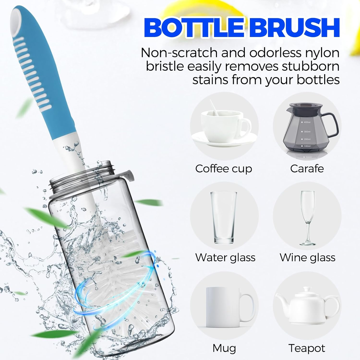 6 Pack Dish Brush Set with Bottle Brush, Scrub Pan and 3 Straw Brushes, Deep Cleaning Handle Scraper Tip for Kitchen Sink Dishes Cup Pot Pans (Blue) - - Image 4