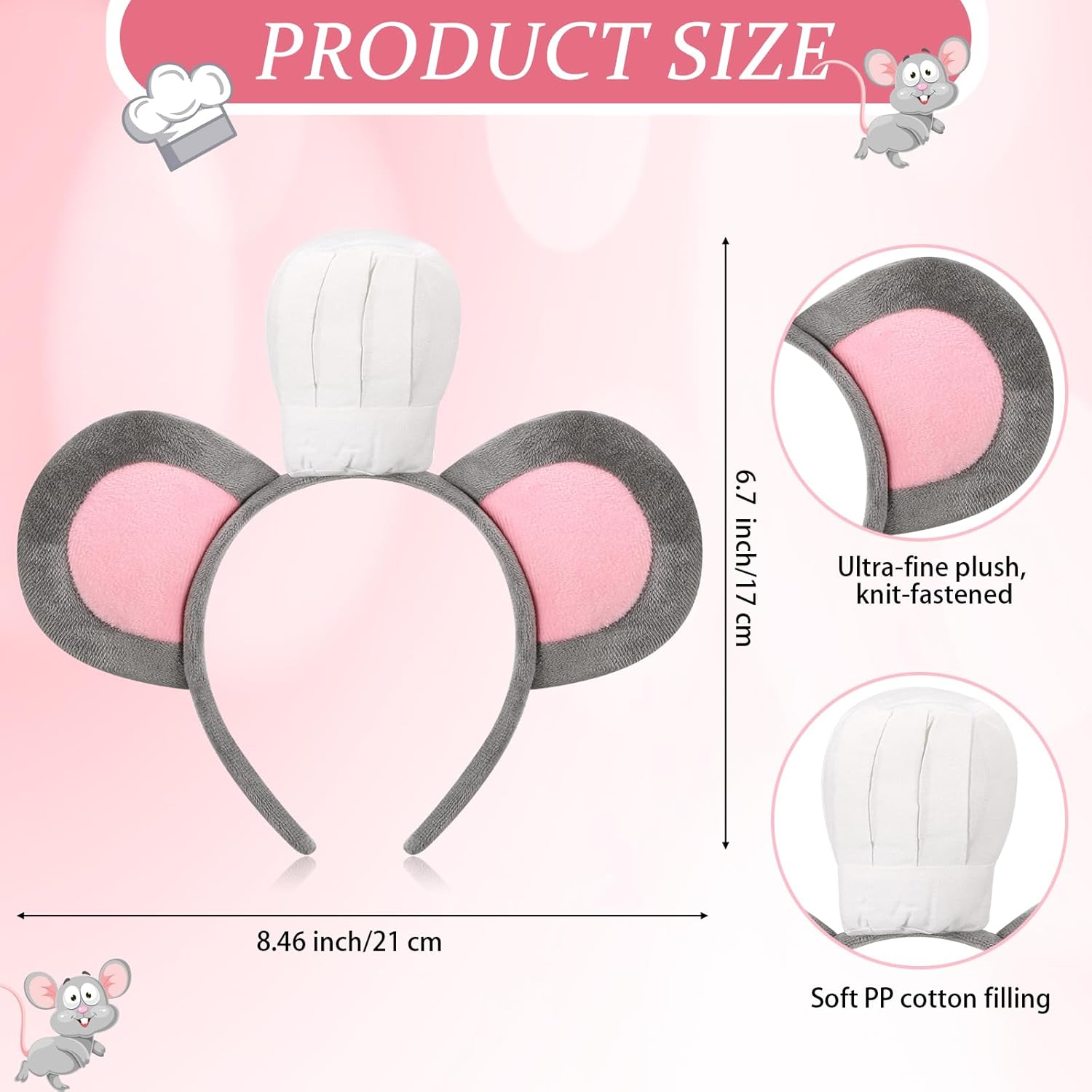 Mouse Headband with Chef Hat Cartoon Costume for Cosplay 100th Day of School Party Decoration Gray - - Image 2