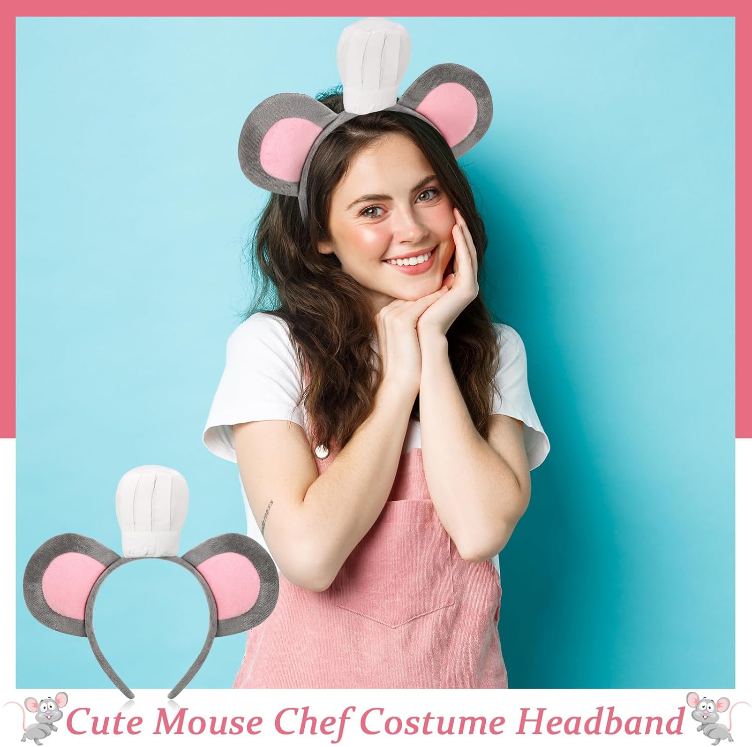 Mouse Headband with Chef Hat Cartoon Costume for Cosplay 100th Day of School Party Decoration Gray - - Image 5