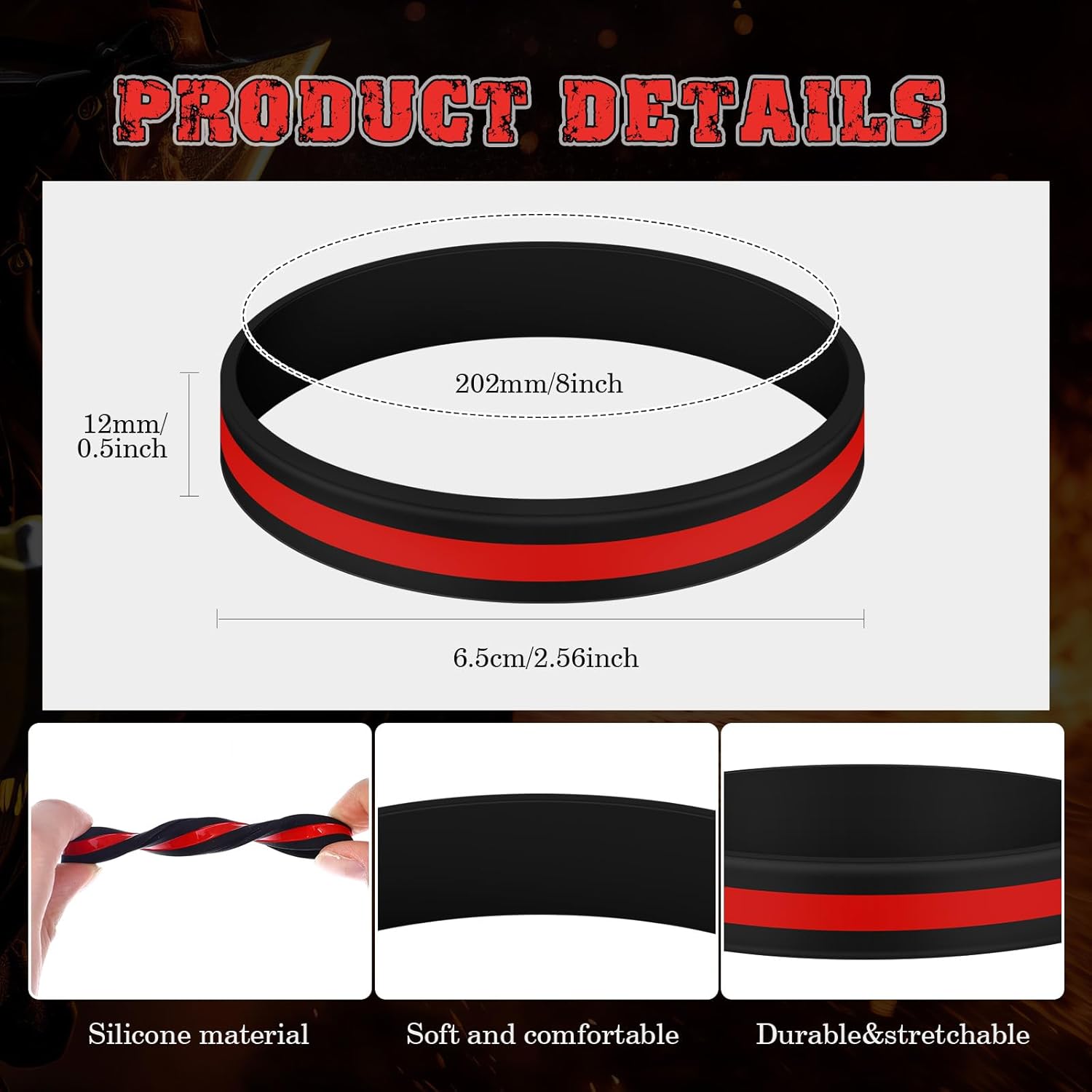 50 Pcs Red Thin Line Bracelets Rubber Firefighter Awareness Support Silicone Wristband for Men Women Holiday Patriotic Fundraisers Funeral Gifts Supply - - Image 3
