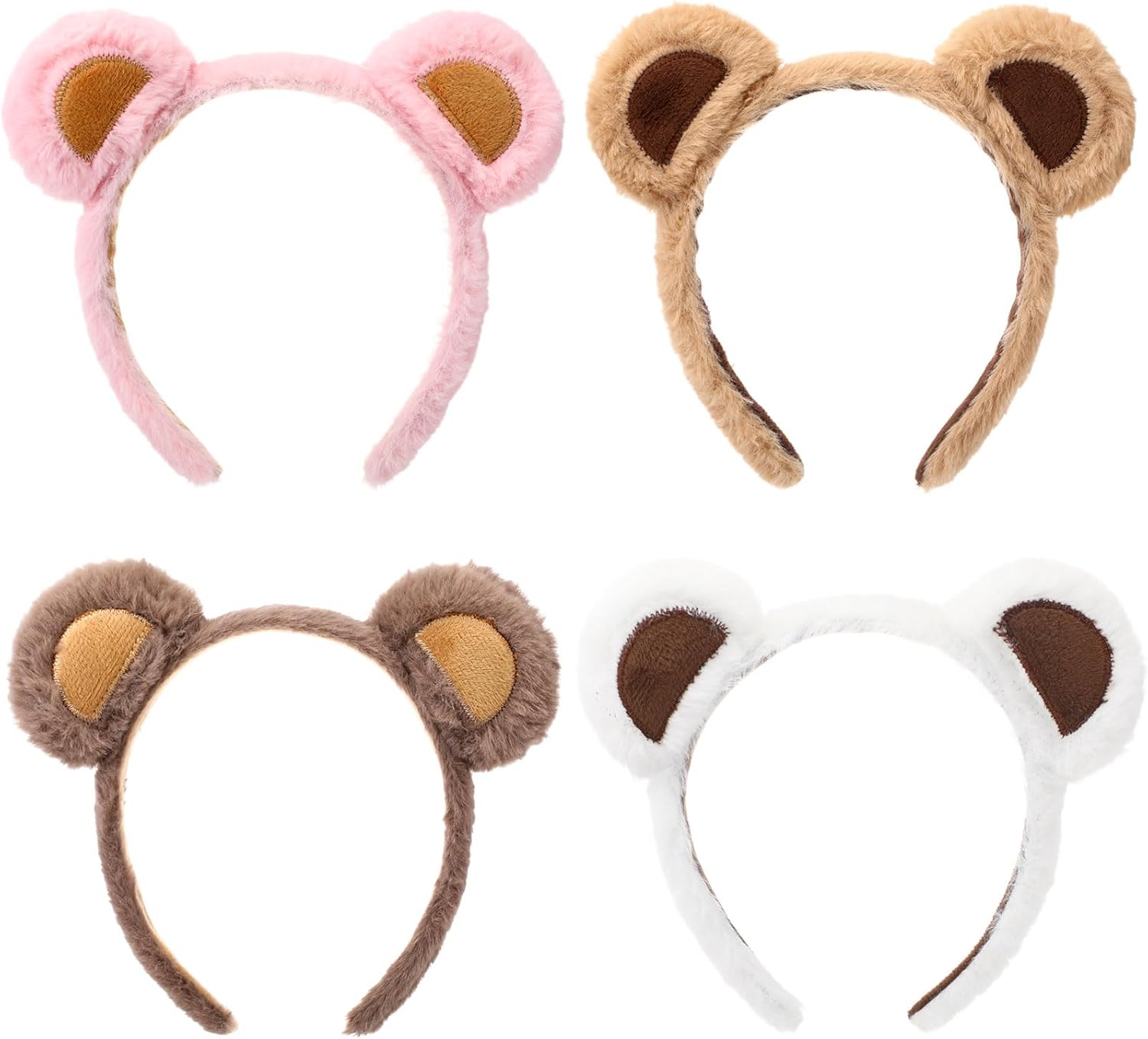 4 Pcs Bear Ears Headbands Bulk for Adults Kids Plush Animal Fluffy Cute Hair Hoops Accessories Birthday Party Cosplay Dress up Makeup Washing Face Women Valentine Girls - - Image 1
