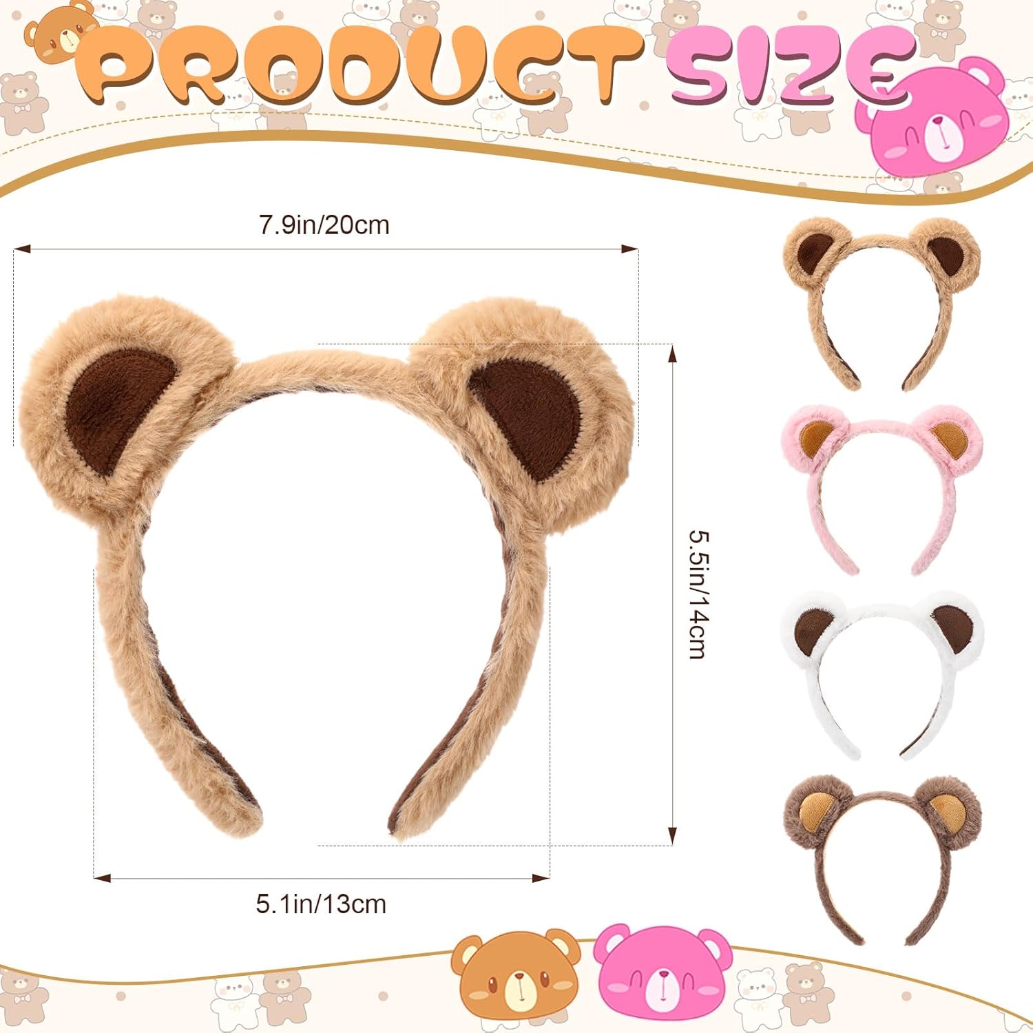 4 Pcs Bear Ears Headbands Bulk for Adults Kids Plush Animal Fluffy Cute Hair Hoops Accessories Birthday Party Cosplay Dress up Makeup Washing Face Women Valentine Girls - - Image 2