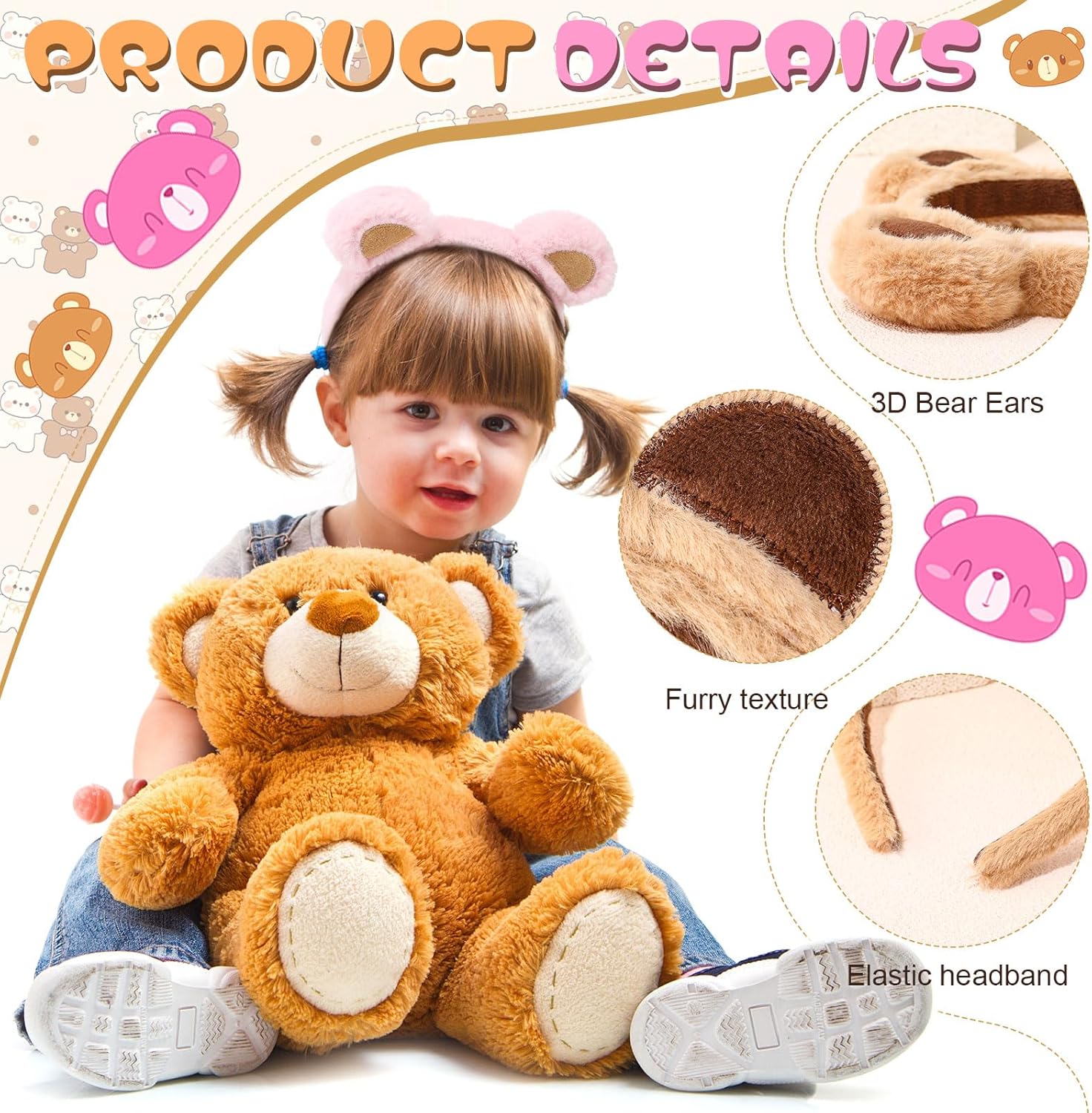 4 Pcs Bear Ears Headbands Bulk for Adults Kids Plush Animal Fluffy Cute Hair Hoops Accessories Birthday Party Cosplay Dress up Makeup Washing Face Women Valentine Girls - - Image 3