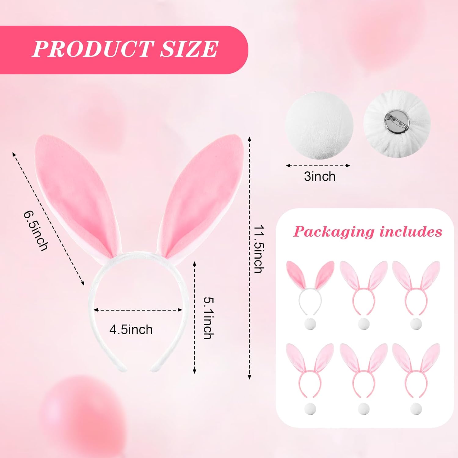 6 Sets Easter Bunny Ears Headbands and Tail, Long Furry Plush Rabbit Ear Headband for Bachelorette Wedding Cosplay White - - Image 2