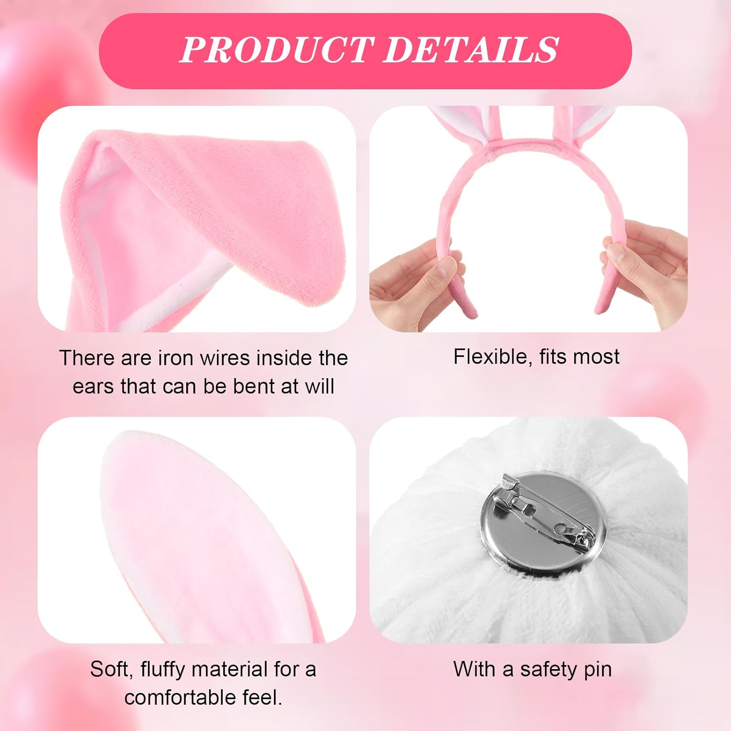 6 Sets Easter Bunny Ears Headbands and Tail, Long Furry Plush Rabbit Ear Headband for Bachelorette Wedding Cosplay White - - Image 3