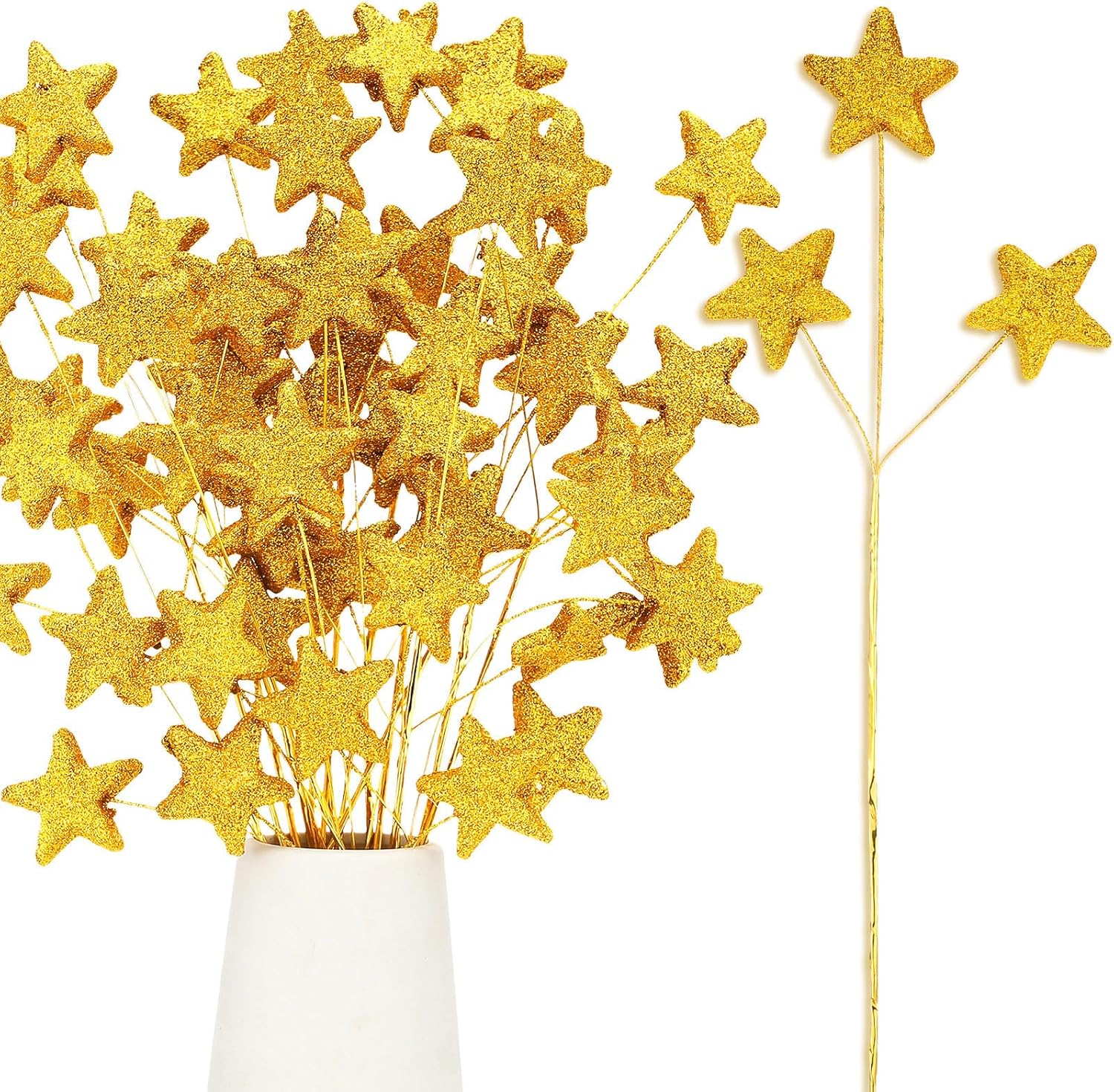 24 Pcs Glitter Star Picks 13.8'' Sparkly Stem Decoration Foam Vase Sticks Centerpiece Table Craft Filler for Wreath Birthday Wedding Bridal Shower Arrangement(Gold) Gold - - Image 1