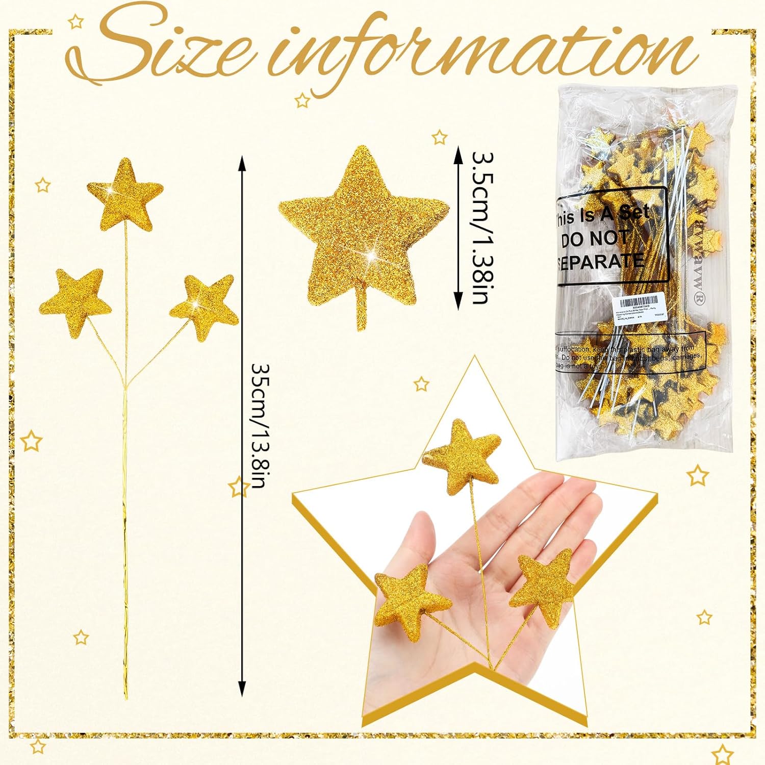 24 Pcs Glitter Star Picks 13.8'' Sparkly Stem Decoration Foam Vase Sticks Centerpiece Table Craft Filler for Wreath Birthday Wedding Bridal Shower Arrangement(Gold) Gold - - Image 2