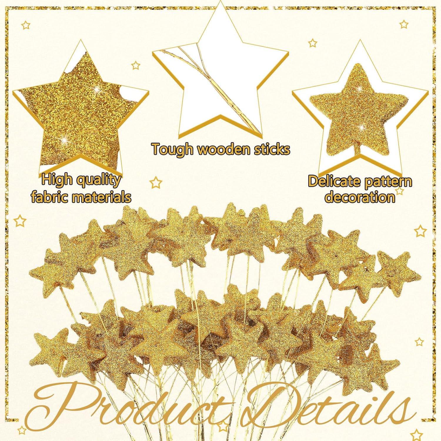 24 Pcs Glitter Star Picks 13.8'' Sparkly Stem Decoration Foam Vase Sticks Centerpiece Table Craft Filler for Wreath Birthday Wedding Bridal Shower Arrangement(Gold) Gold - - Image 3