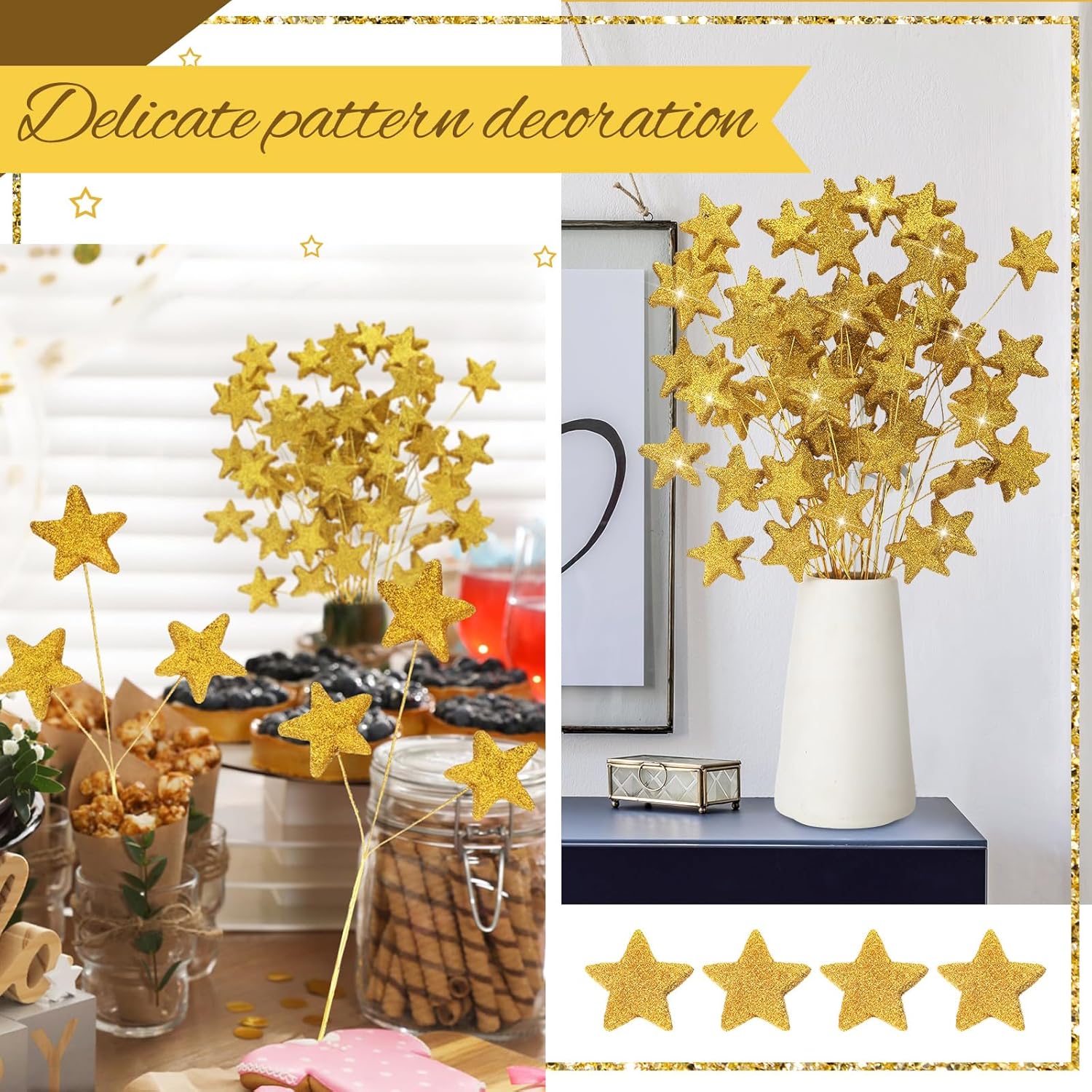 24 Pcs Glitter Star Picks 13.8'' Sparkly Stem Decoration Foam Vase Sticks Centerpiece Table Craft Filler for Wreath Birthday Wedding Bridal Shower Arrangement(Gold) Gold - - Image 5