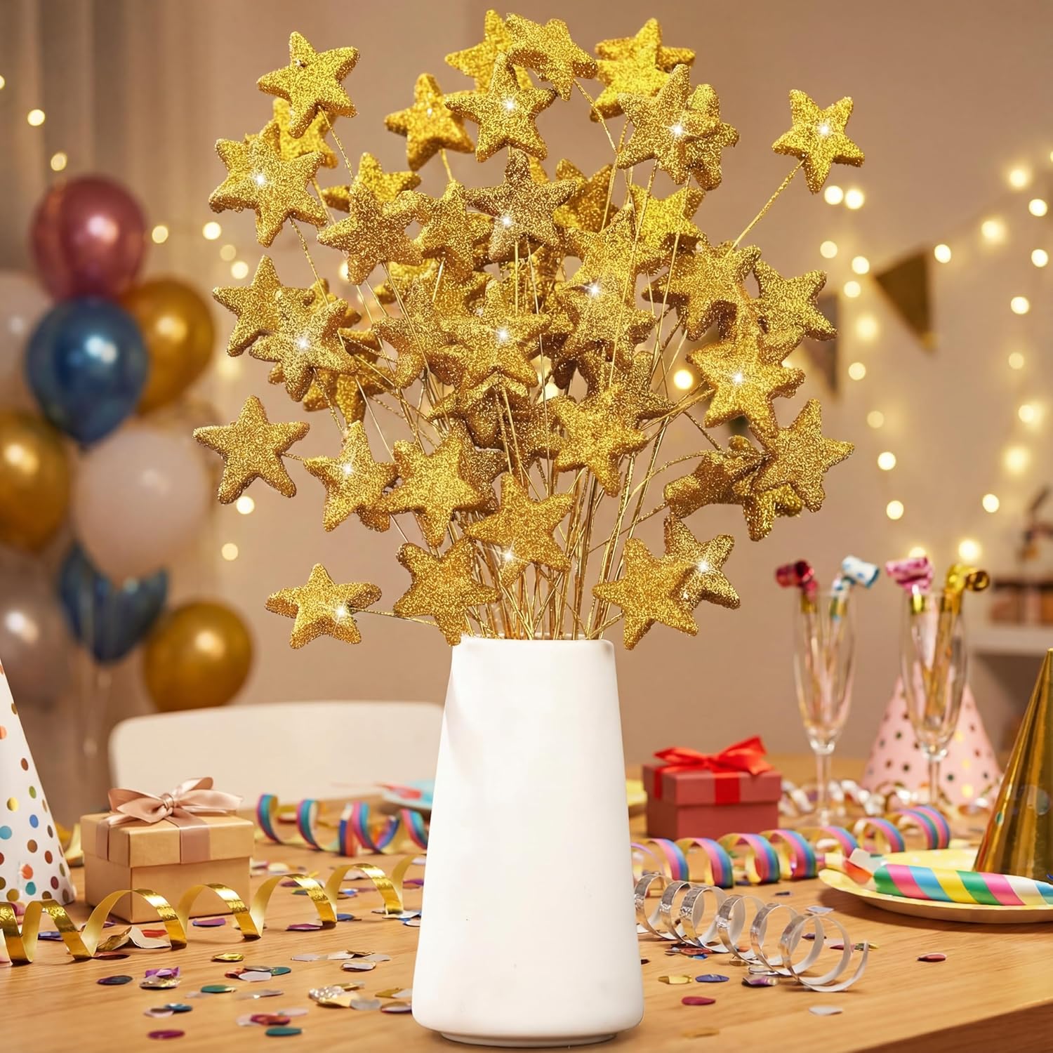 24 Pcs Glitter Star Picks 13.8'' Sparkly Stem Decoration Foam Vase Sticks Centerpiece Table Craft Filler for Wreath Birthday Wedding Bridal Shower Arrangement(Gold) Gold - - Image 6