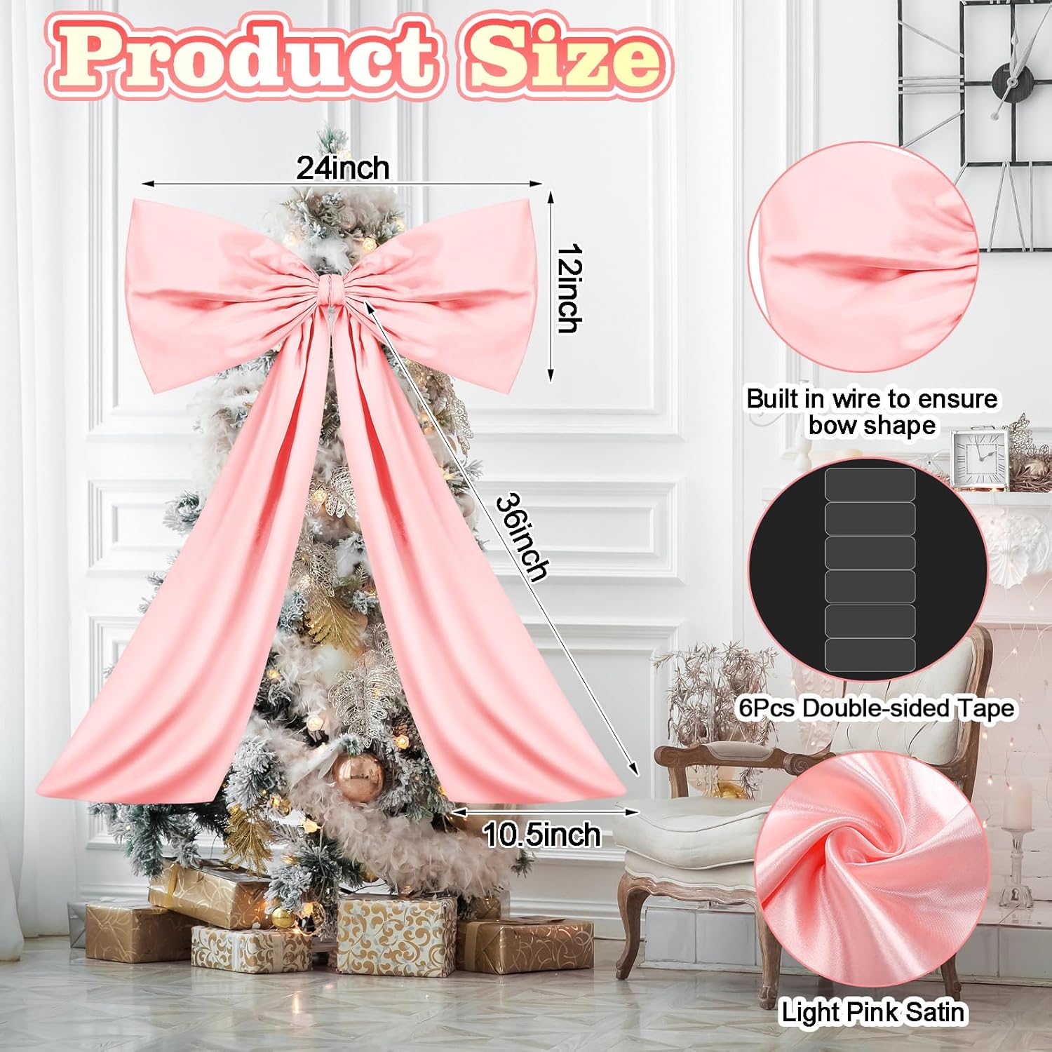 Large Pink Bow Decor Coquette Wall for Backdrop 24 x 36'' Big Giant Satin Ribbon Tie Birthday Wedding Bridal Baby Shower Party Ballerina Room Hanging Decoration(Lining Support) 36 Inches - Image 2