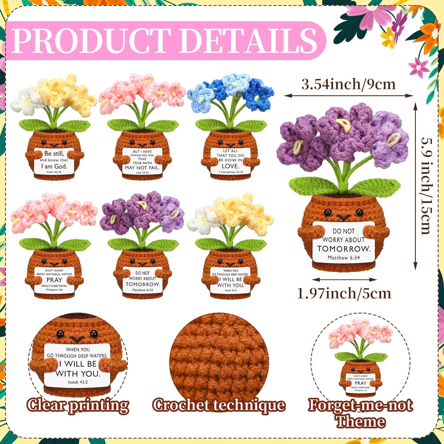 6 Pcs Christian Gift for Women Faith Scripture Religious Positive Handmade Crochet Doll with Bible Verse Prayer Card Inspirational Sunday Church(Forget Me Not) - - Image 2