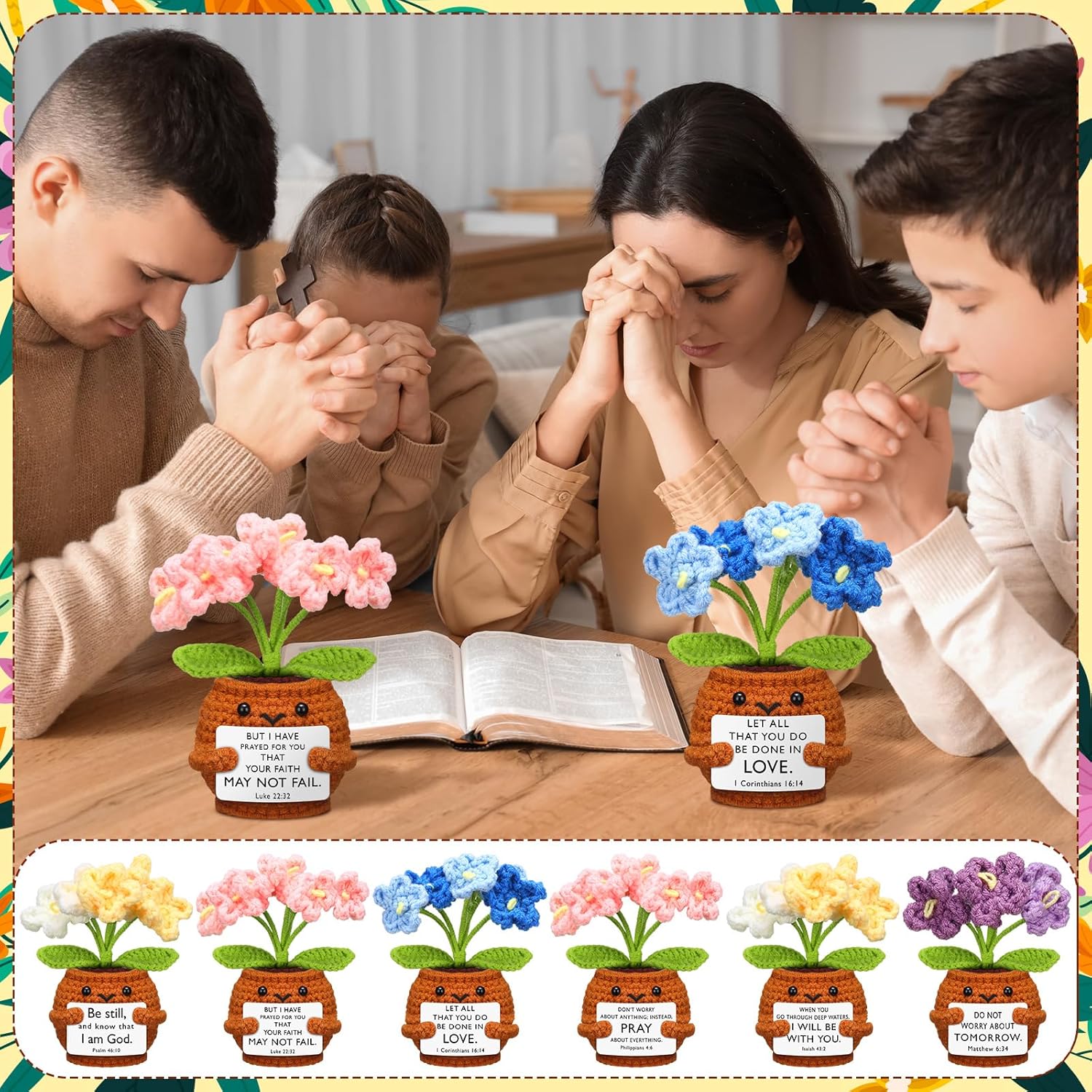 6 Pcs Christian Gift for Women Faith Scripture Religious Positive Handmade Crochet Doll with Bible Verse Prayer Card Inspirational Sunday Church(Forget Me Not) - - Image 5