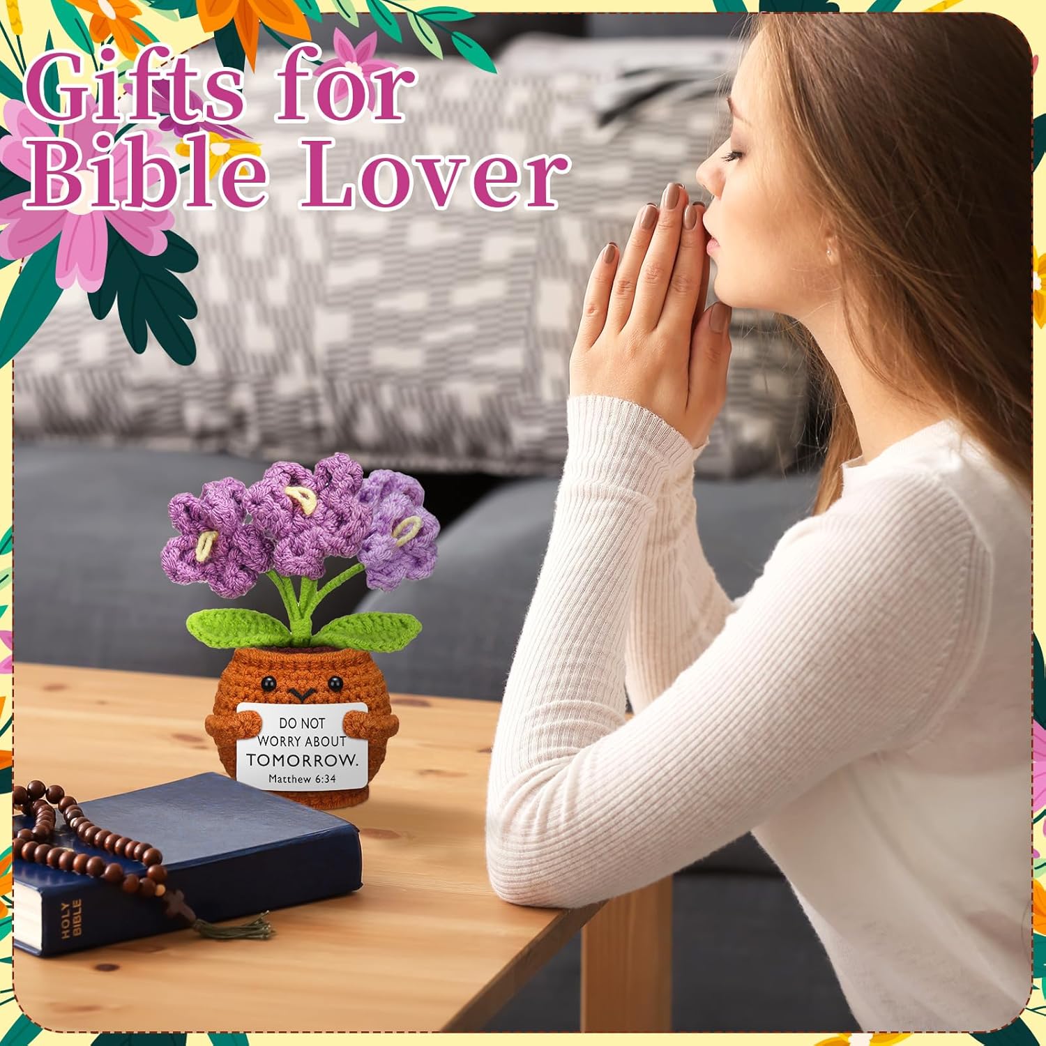 6 Pcs Christian Gift for Women Faith Scripture Religious Positive Handmade Crochet Doll with Bible Verse Prayer Card Inspirational Sunday Church(Forget Me Not) - - Image 6