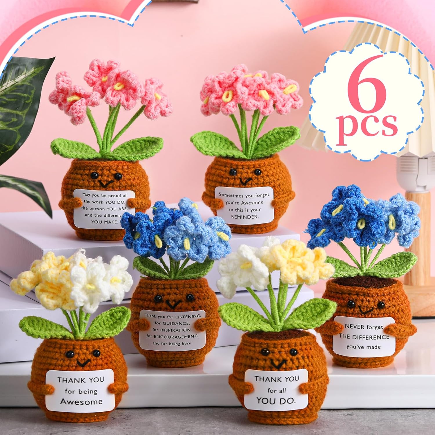 6 Pcs Employee Appreciation Gifts Bulk for Team Coworkers Thank You Positive Handmade Crochet Doll with Inspirational Card Staff Women Men Office(Forget Me Not) - - Image 3