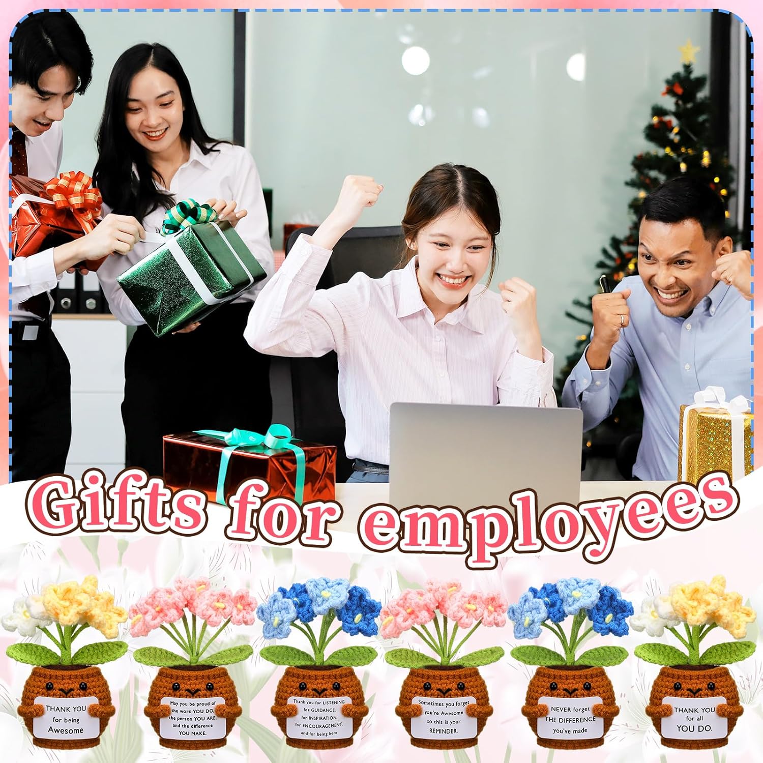 6 Pcs Employee Appreciation Gifts Bulk for Team Coworkers Thank You Positive Handmade Crochet Doll with Inspirational Card Staff Women Men Office(Forget Me Not) - - Image 5
