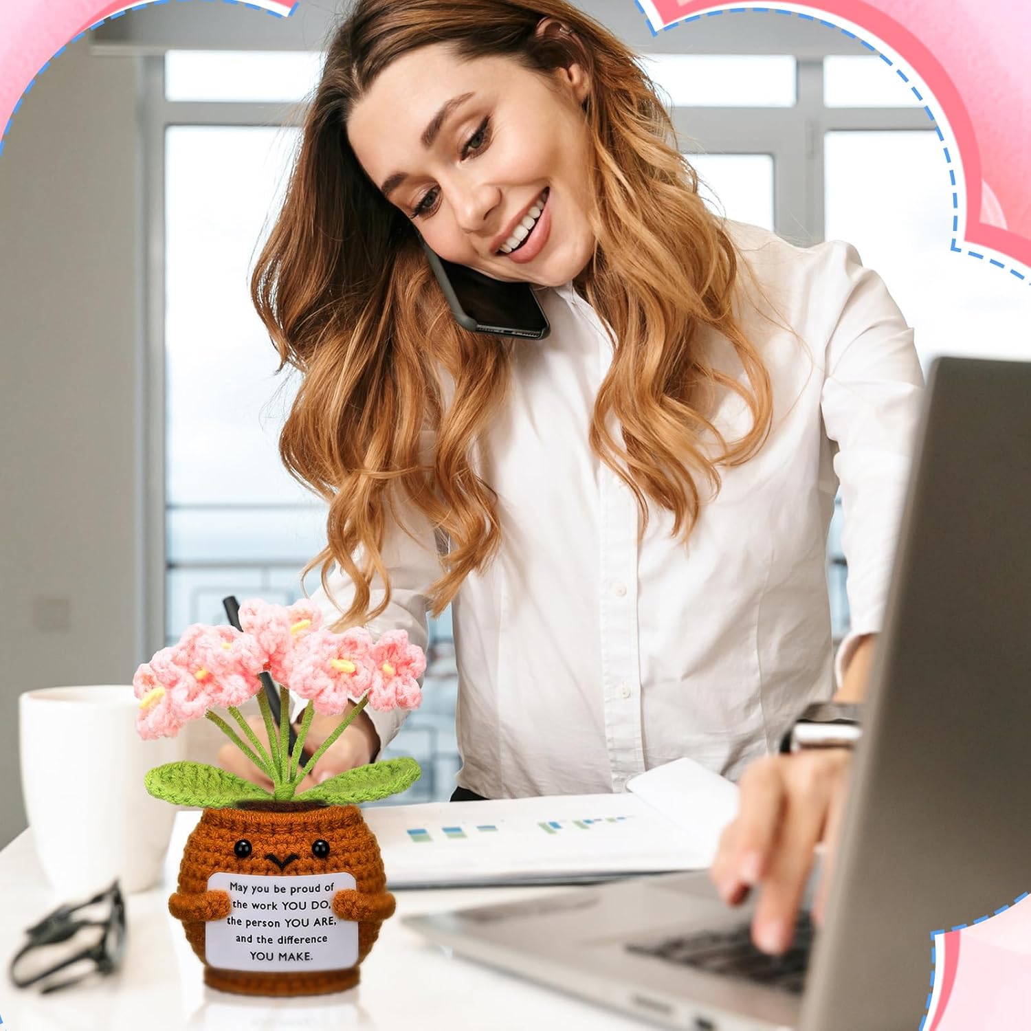 6 Pcs Employee Appreciation Gifts Bulk for Team Coworkers Thank You Positive Handmade Crochet Doll with Inspirational Card Staff Women Men Office(Forget Me Not) - - Image 6