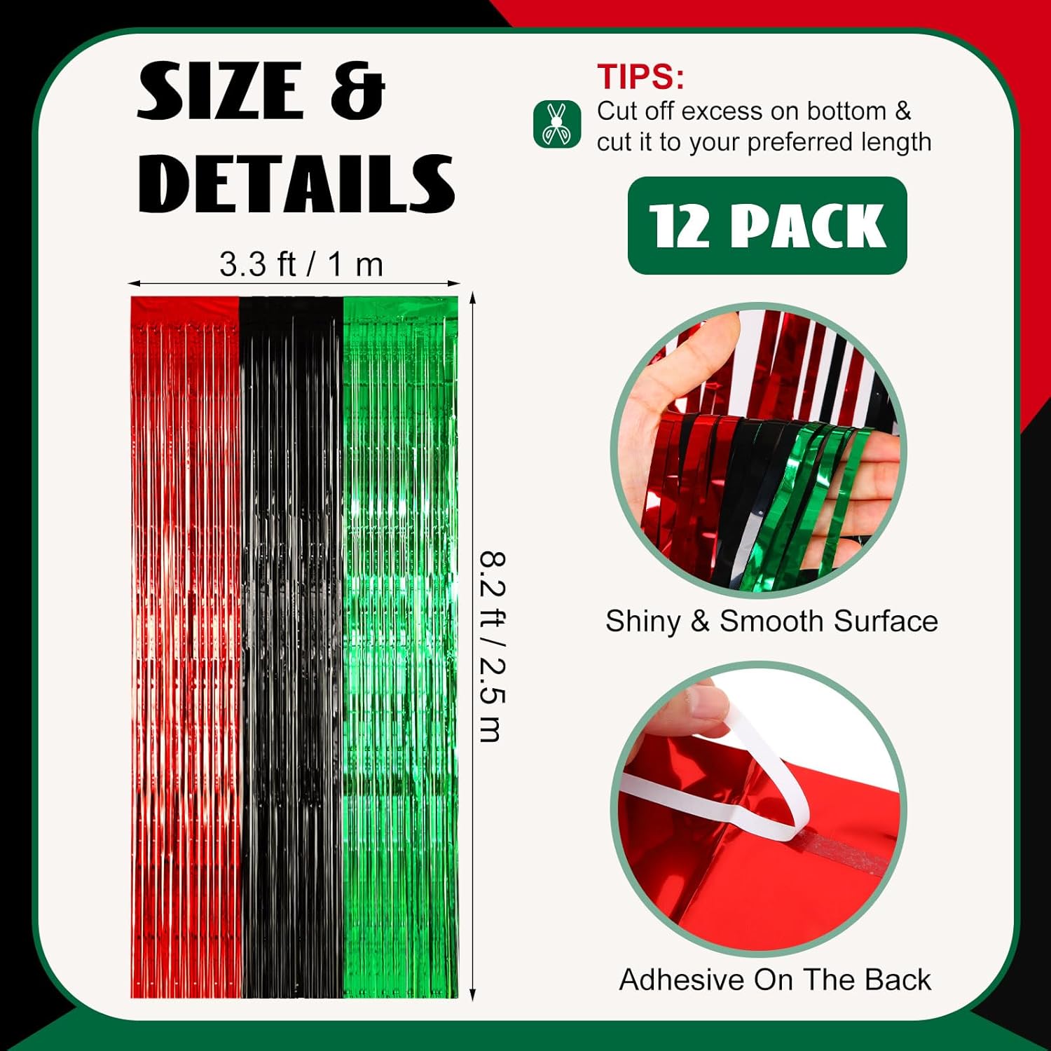 12 Pcs Juneteenth Party Decorations Freedom Day Foil Fringe Curtain Backdrop 100 x 39 Inch Metallic Tinsel Decor Black Red Green African American for Photo Props Red,Black,Green - - Image 2