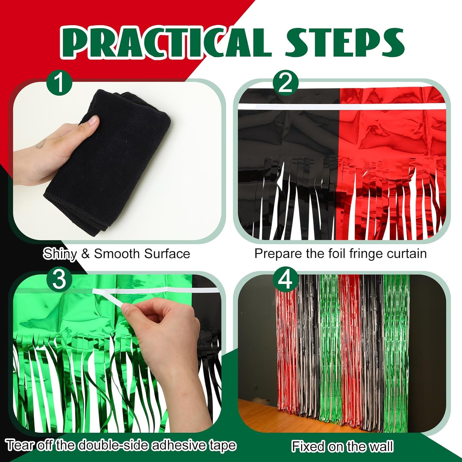 12 Pcs Juneteenth Party Decorations Freedom Day Foil Fringe Curtain Backdrop 100 x 39 Inch Metallic Tinsel Decor Black Red Green African American for Photo Props Red,Black,Green - - Image 3