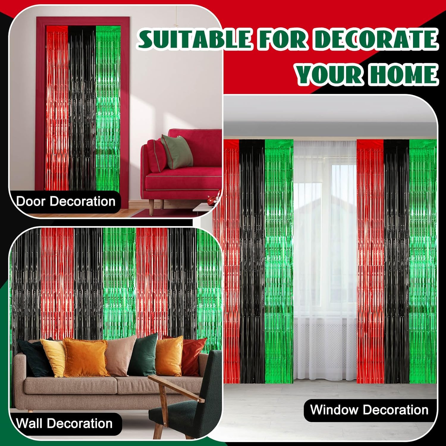 12 Pcs Juneteenth Party Decorations Freedom Day Foil Fringe Curtain Backdrop 100 x 39 Inch Metallic Tinsel Decor Black Red Green African American for Photo Props Red,Black,Green - - Image 4