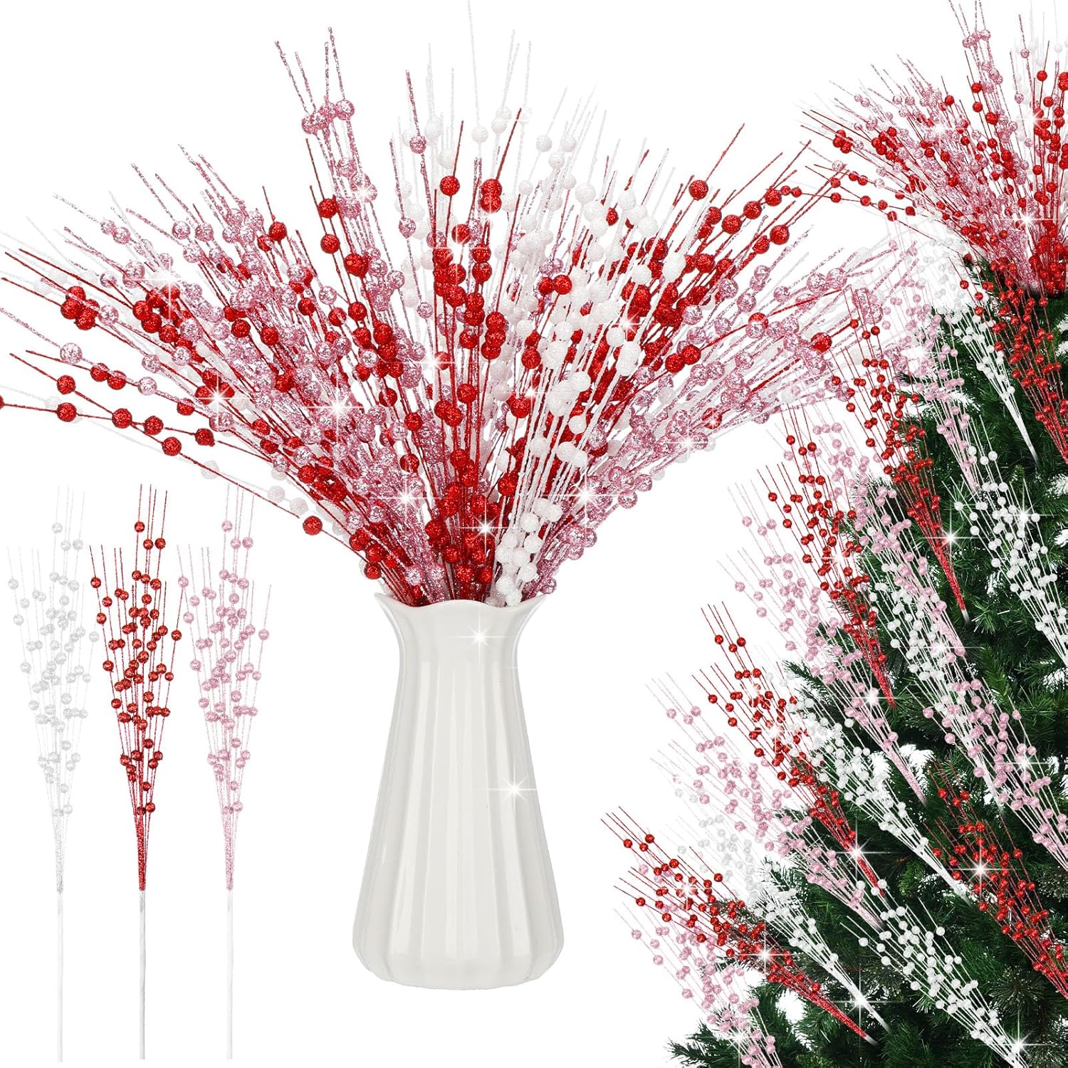 18 Pcs Mother's Day Decoration Valentines Floral Picks Tree Decorations 17 Inch Red and Pink Glitter Berry Spray Christmas Decor for Wreaths Centerpieces Wedding Anniversary - - Image 1