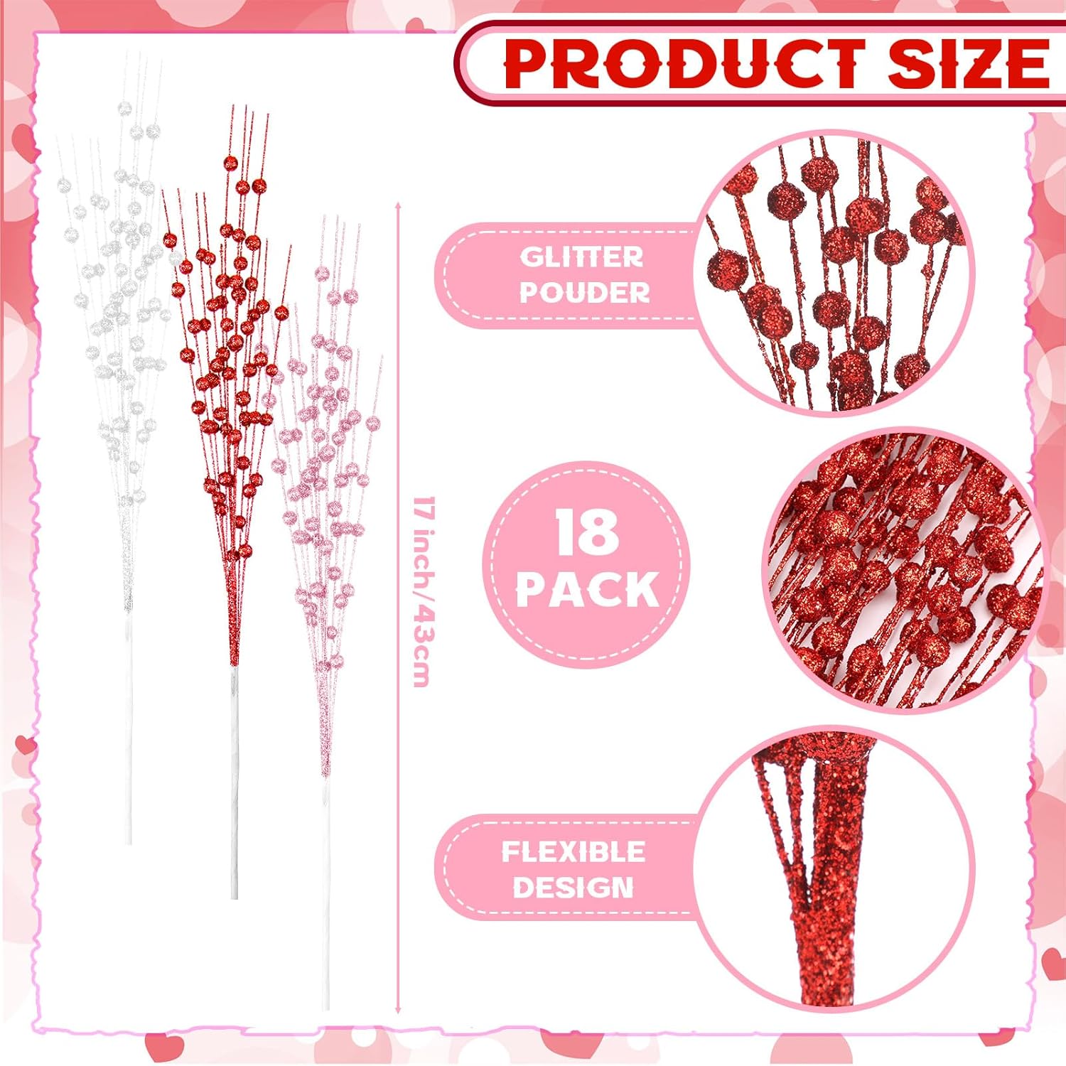 18 Pcs Mother's Day Decoration Valentines Floral Picks Tree Decorations 17 Inch Red and Pink Glitter Berry Spray Christmas Decor for Wreaths Centerpieces Wedding Anniversary - - Image 2