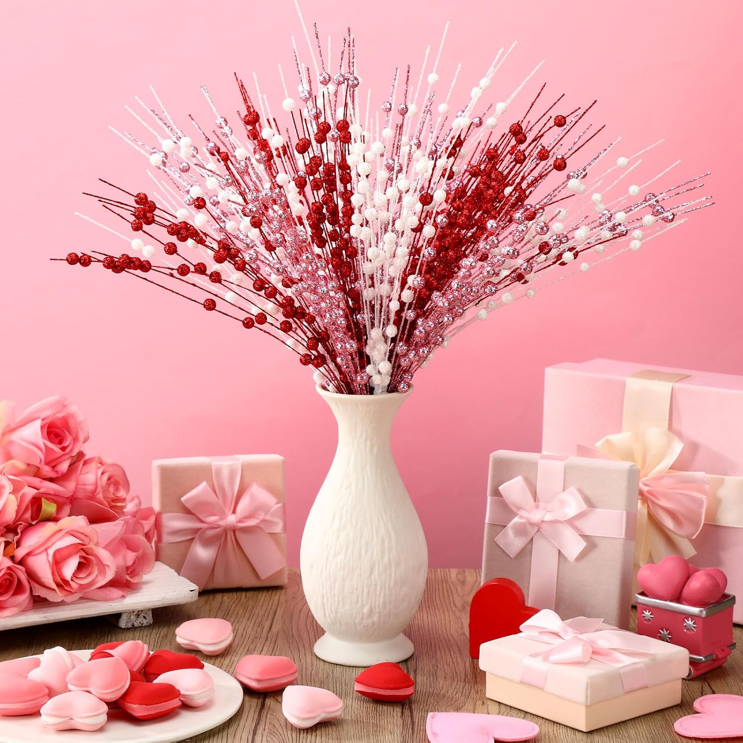 18 Pcs Mother's Day Decoration Valentines Floral Picks Tree Decorations 17 Inch Red and Pink Glitter Berry Spray Christmas Decor for Wreaths Centerpieces Wedding Anniversary - - Image 3