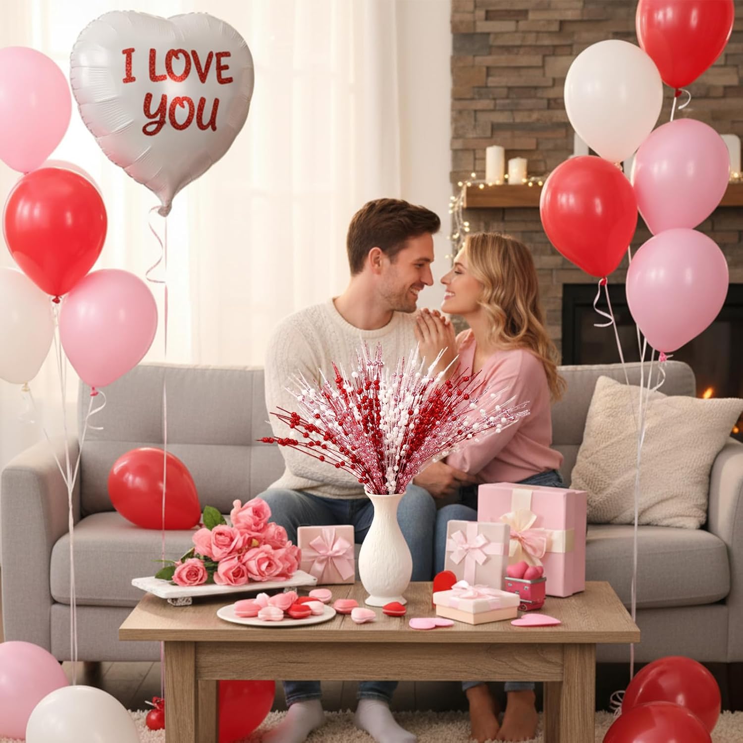 18 Pcs Mother's Day Decoration Valentines Floral Picks Tree Decorations 17 Inch Red and Pink Glitter Berry Spray Christmas Decor for Wreaths Centerpieces Wedding Anniversary - - Image 5