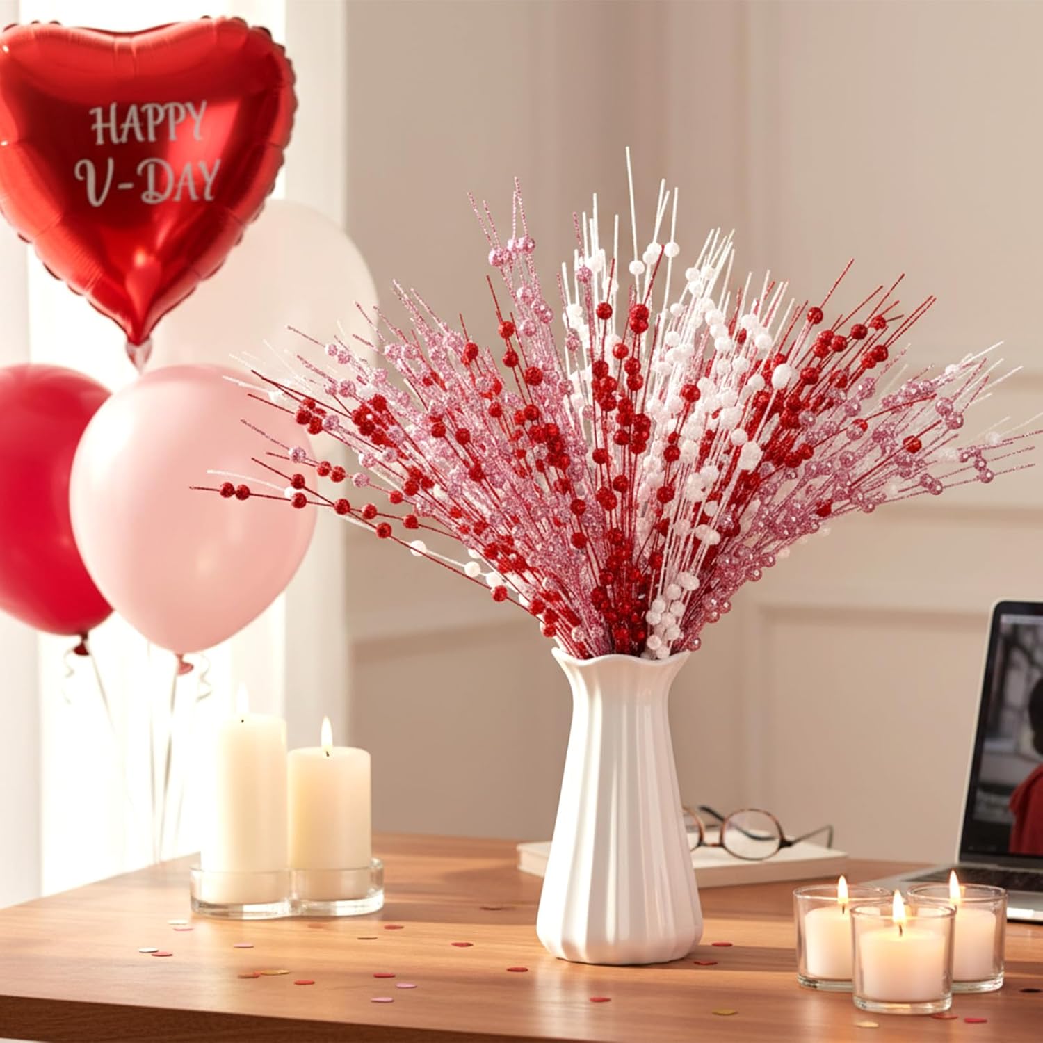18 Pcs Mother's Day Decoration Valentines Floral Picks Tree Decorations 17 Inch Red and Pink Glitter Berry Spray Christmas Decor for Wreaths Centerpieces Wedding Anniversary - - Image 6