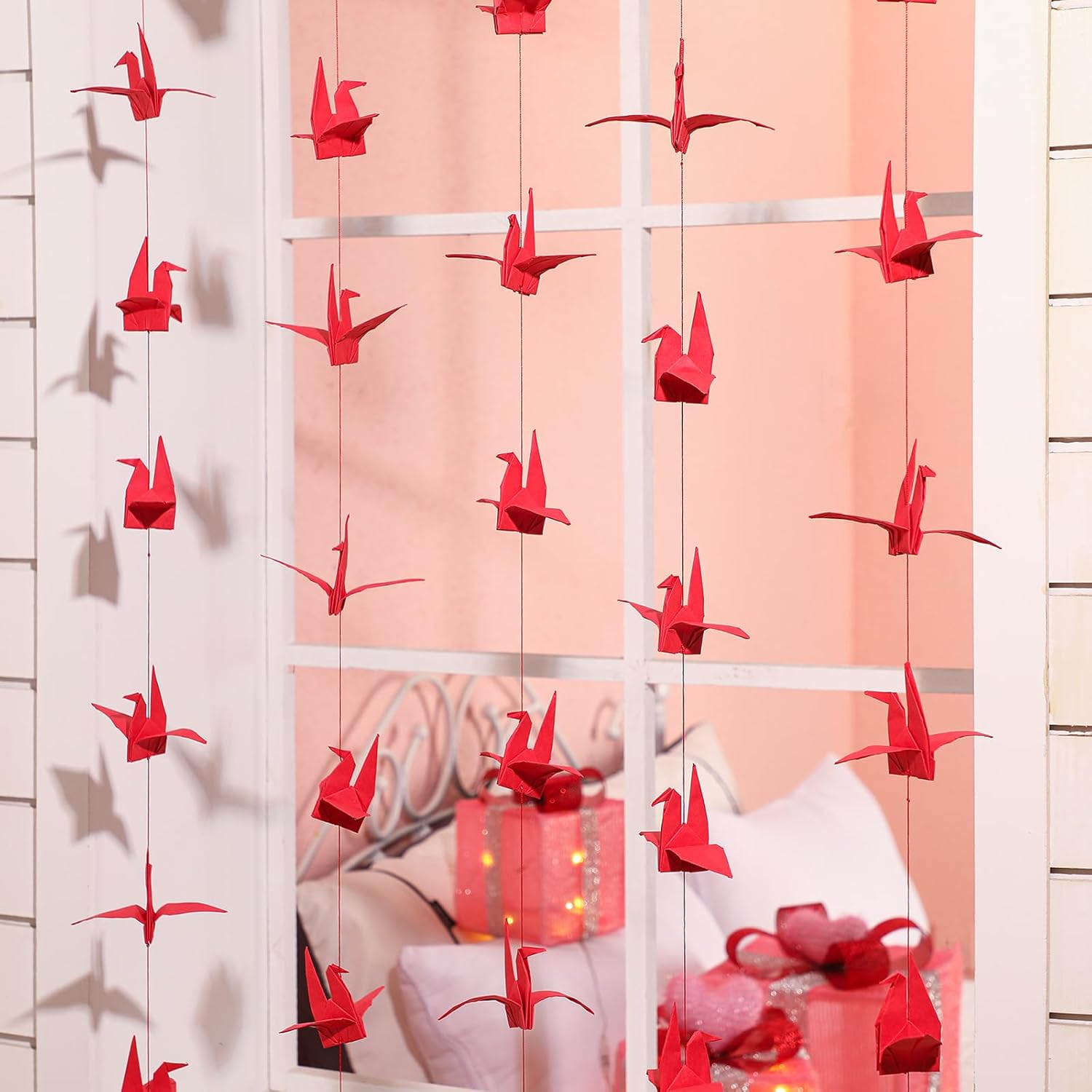 10 Pcs Paper Crane Hanging Garlands Premade Origami Cranes on String Kit Folded Bird Streamers for Japanese Asian Party Decorations Home Family Bridal Shower Supplies(Red) - - Image 1