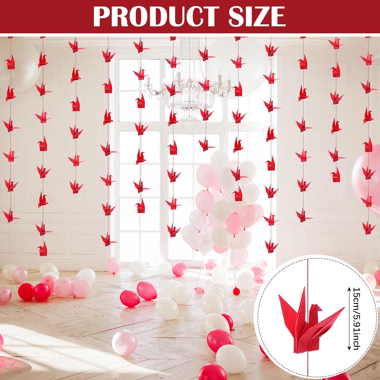 10 Pcs Paper Crane Hanging Garlands Premade Origami Cranes on String Kit Folded Bird Streamers for Japanese Asian Party Decorations Home Family Bridal Shower Supplies(Red) - - Image 2