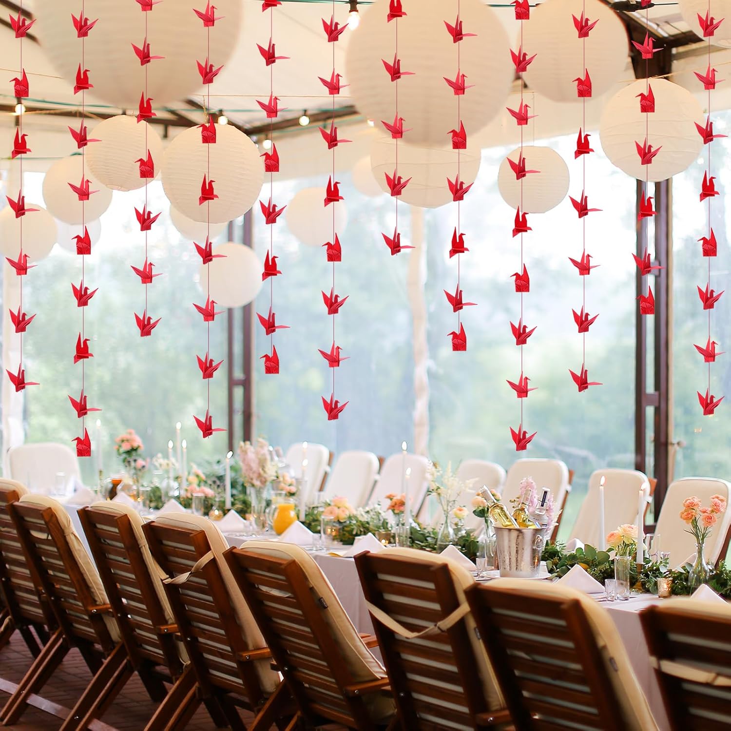 10 Pcs Paper Crane Hanging Garlands Premade Origami Cranes on String Kit Folded Bird Streamers for Japanese Asian Party Decorations Home Family Bridal Shower Supplies(Red) - - Image 3