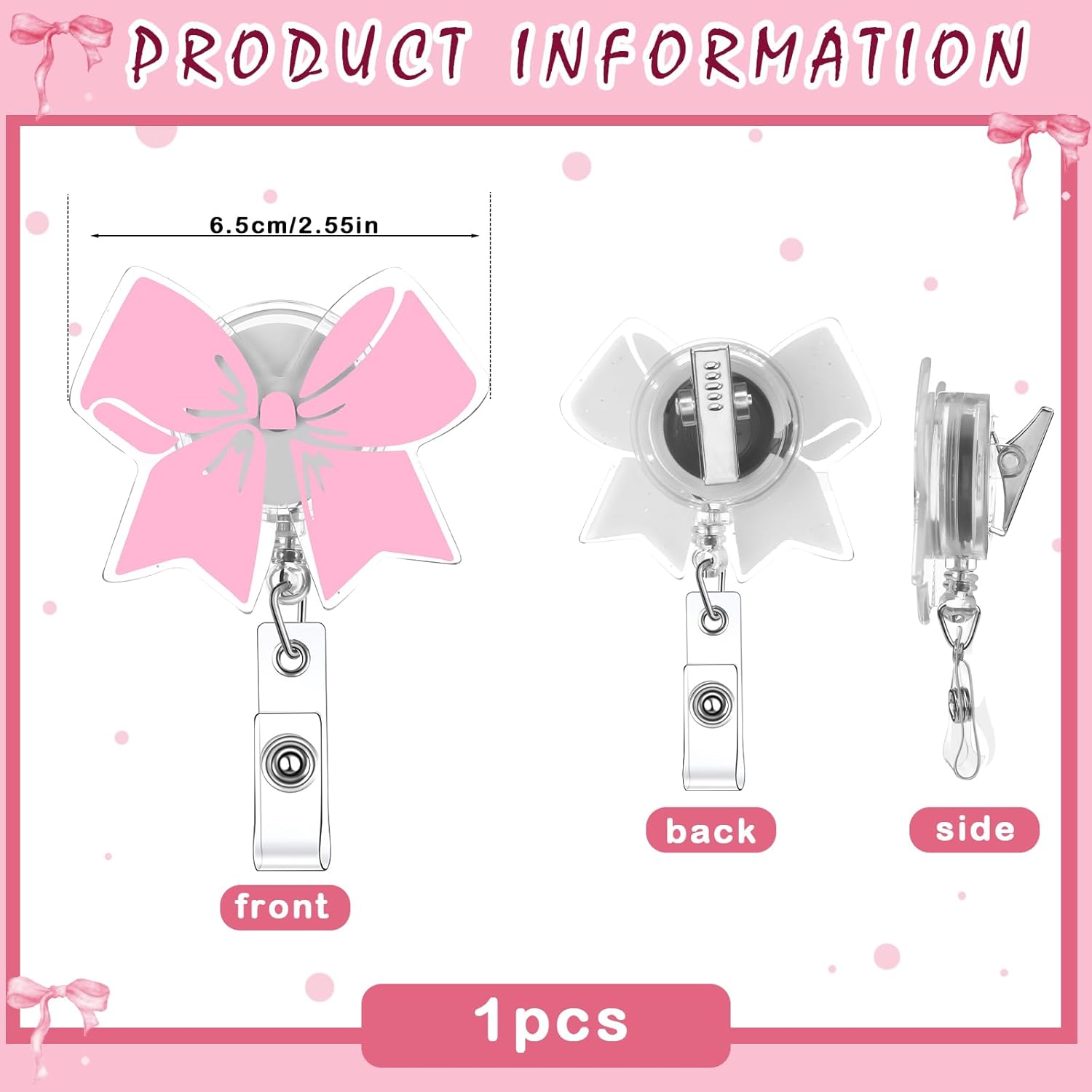 Pink Bow Badge Reel Cute Retractable ID Holder Clip Accessories for Nurses' Day Gift Nurse Office Student Teacher Doctor Coworker Employee CNA RN MA LPN Medical(1 Pcs) - - Image 3