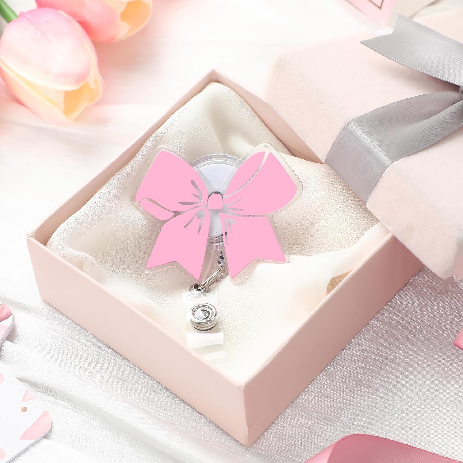 Pink Bow Badge Reel Cute Retractable ID Holder Clip Accessories for Nurses' Day Gift Nurse Office Student Teacher Doctor Coworker Employee CNA RN MA LPN Medical(1 Pcs) - - Image 6