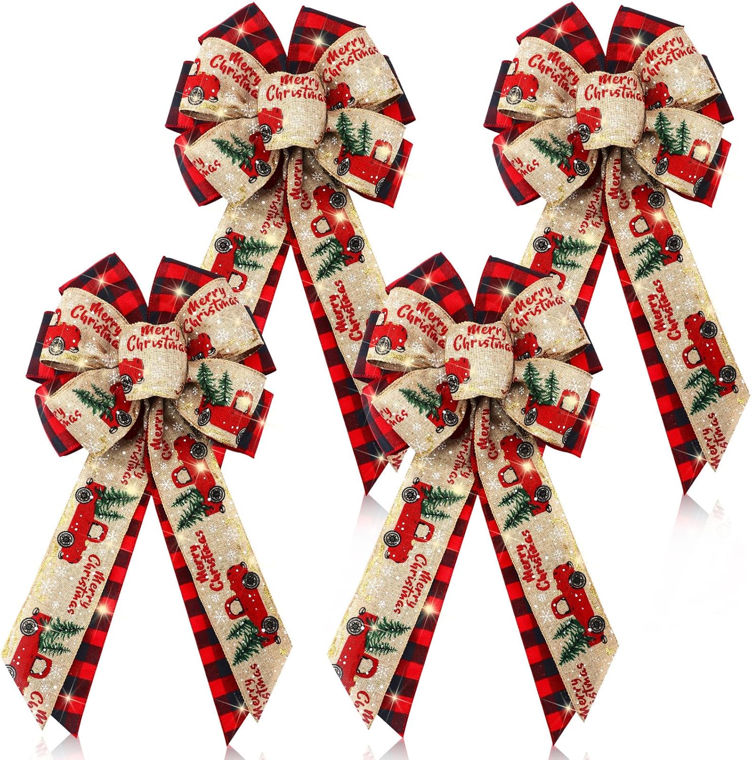 4 Pcs 10 x 18 Inch Christmas Buffalo Plaid LED Wreath Bow, Burlap Red Black Truck Pattern Lighted Bows, Xmas Tree Topper Ornaments Front Door Wall Stairs Decor for Indoor Outdoor Winter - - Image 1