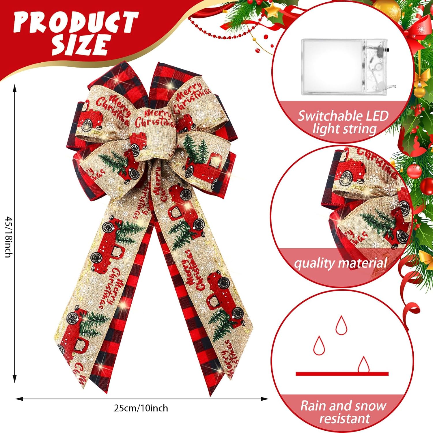 4 Pcs 10 x 18 Inch Christmas Buffalo Plaid LED Wreath Bow, Burlap Red Black Truck Pattern Lighted Bows, Xmas Tree Topper Ornaments Front Door Wall Stairs Decor for Indoor Outdoor Winter - - Image 2