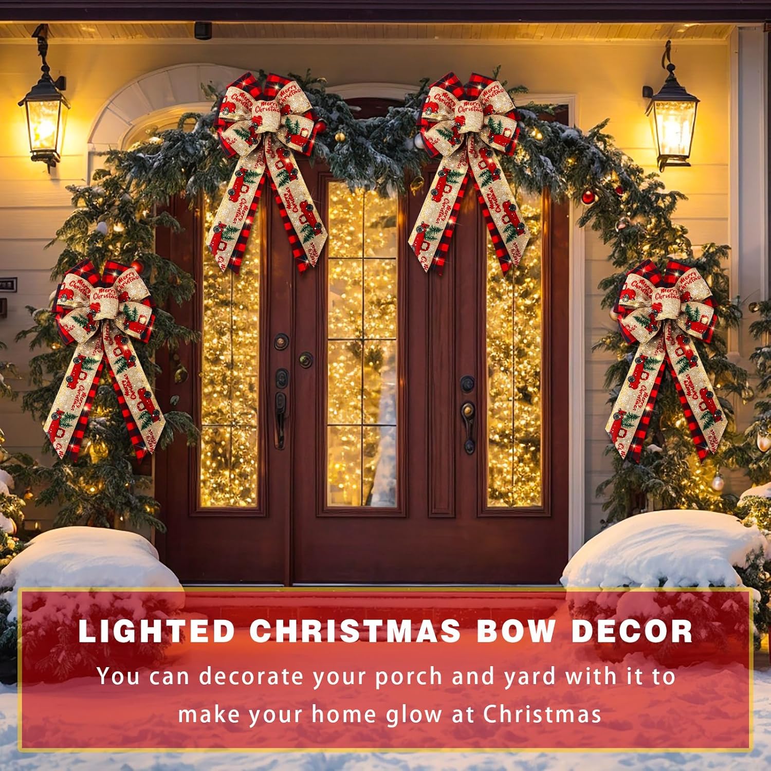 4 Pcs 10 x 18 Inch Christmas Buffalo Plaid LED Wreath Bow, Burlap Red Black Truck Pattern Lighted Bows, Xmas Tree Topper Ornaments Front Door Wall Stairs Decor for Indoor Outdoor Winter - - Image 3