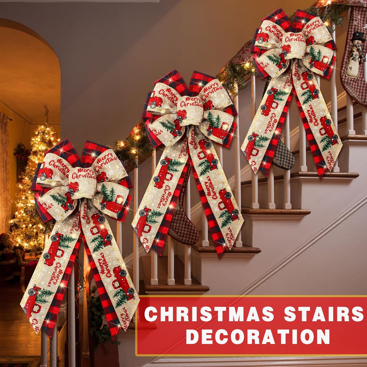 4 Pcs 10 x 18 Inch Christmas Buffalo Plaid LED Wreath Bow, Burlap Red Black Truck Pattern Lighted Bows, Xmas Tree Topper Ornaments Front Door Wall Stairs Decor for Indoor Outdoor Winter - - Image 4