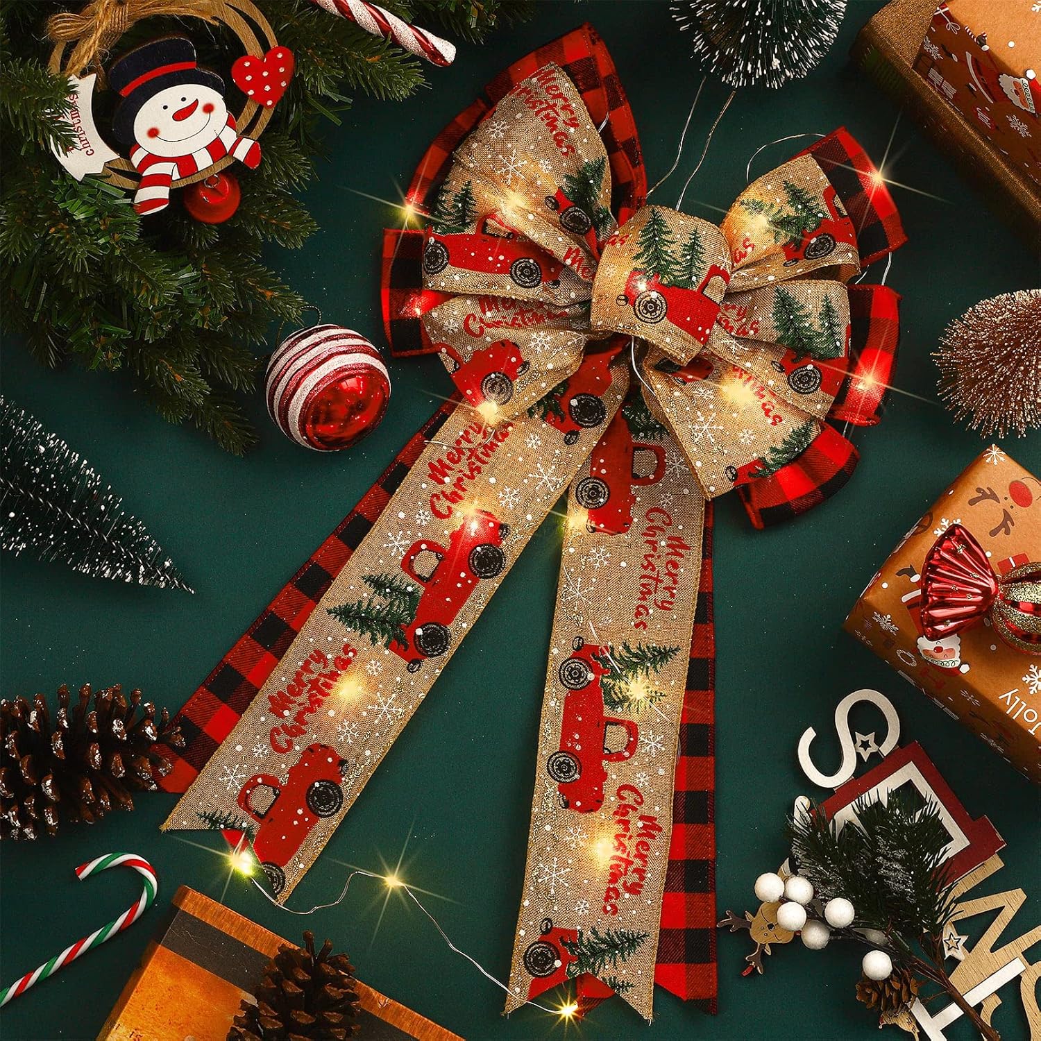 4 Pcs 10 x 18 Inch Christmas Buffalo Plaid LED Wreath Bow, Burlap Red Black Truck Pattern Lighted Bows, Xmas Tree Topper Ornaments Front Door Wall Stairs Decor for Indoor Outdoor Winter - - Image 5