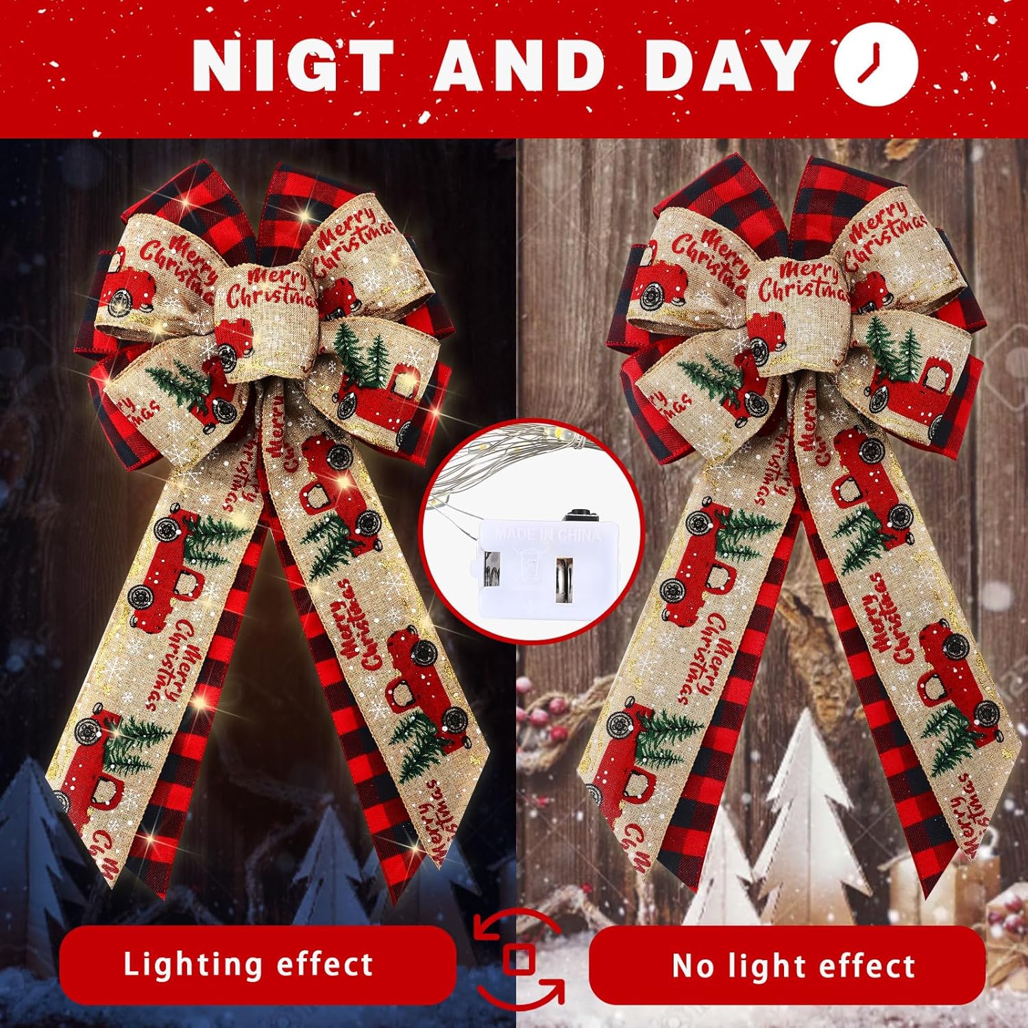 4 Pcs 10 x 18 Inch Christmas Buffalo Plaid LED Wreath Bow, Burlap Red Black Truck Pattern Lighted Bows, Xmas Tree Topper Ornaments Front Door Wall Stairs Decor for Indoor Outdoor Winter - - Image 6