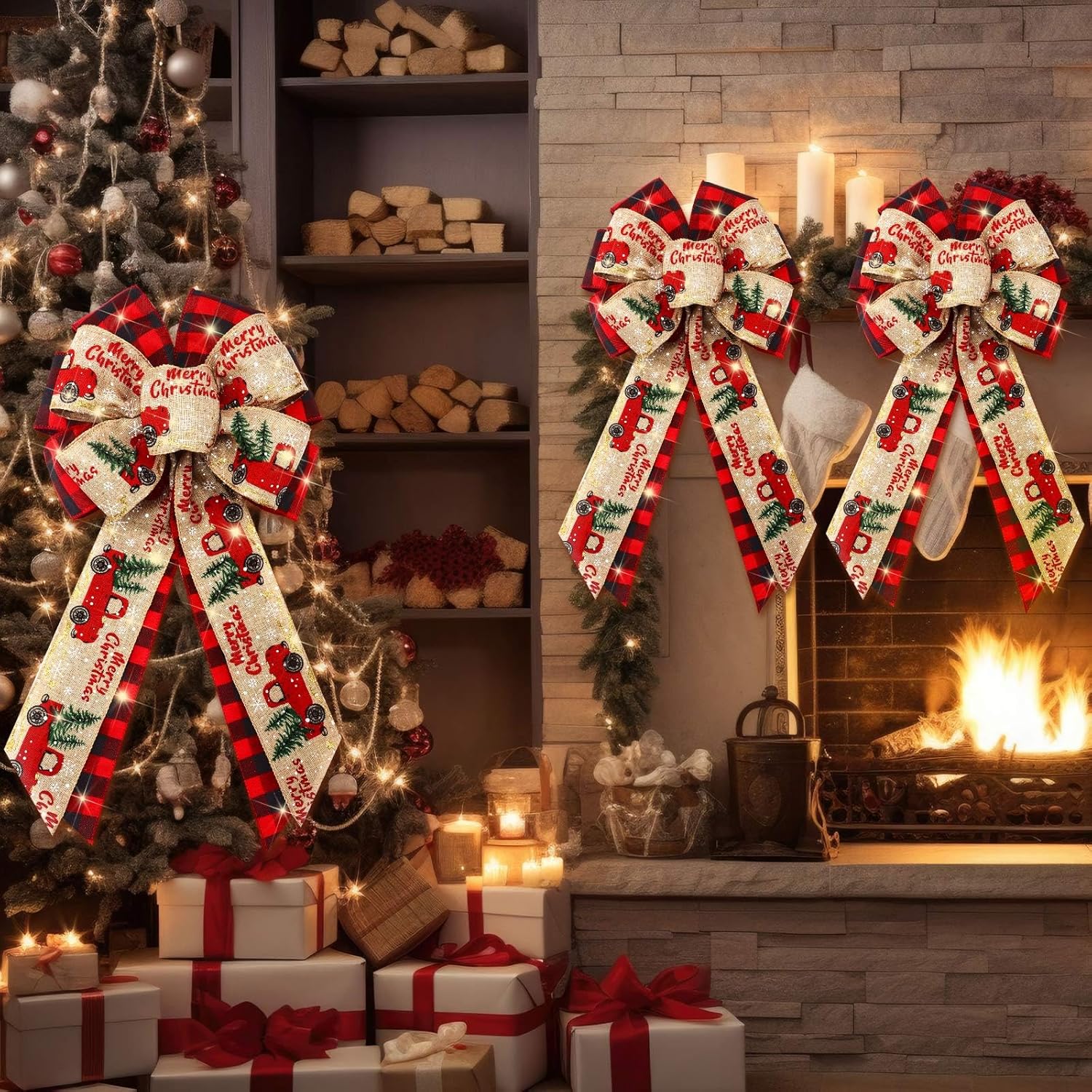 4 Pcs 10 x 18 Inch Christmas Buffalo Plaid LED Wreath Bow, Burlap Red Black Truck Pattern Lighted Bows, Xmas Tree Topper Ornaments Front Door Wall Stairs Decor for Indoor Outdoor Winter - - Image 7
