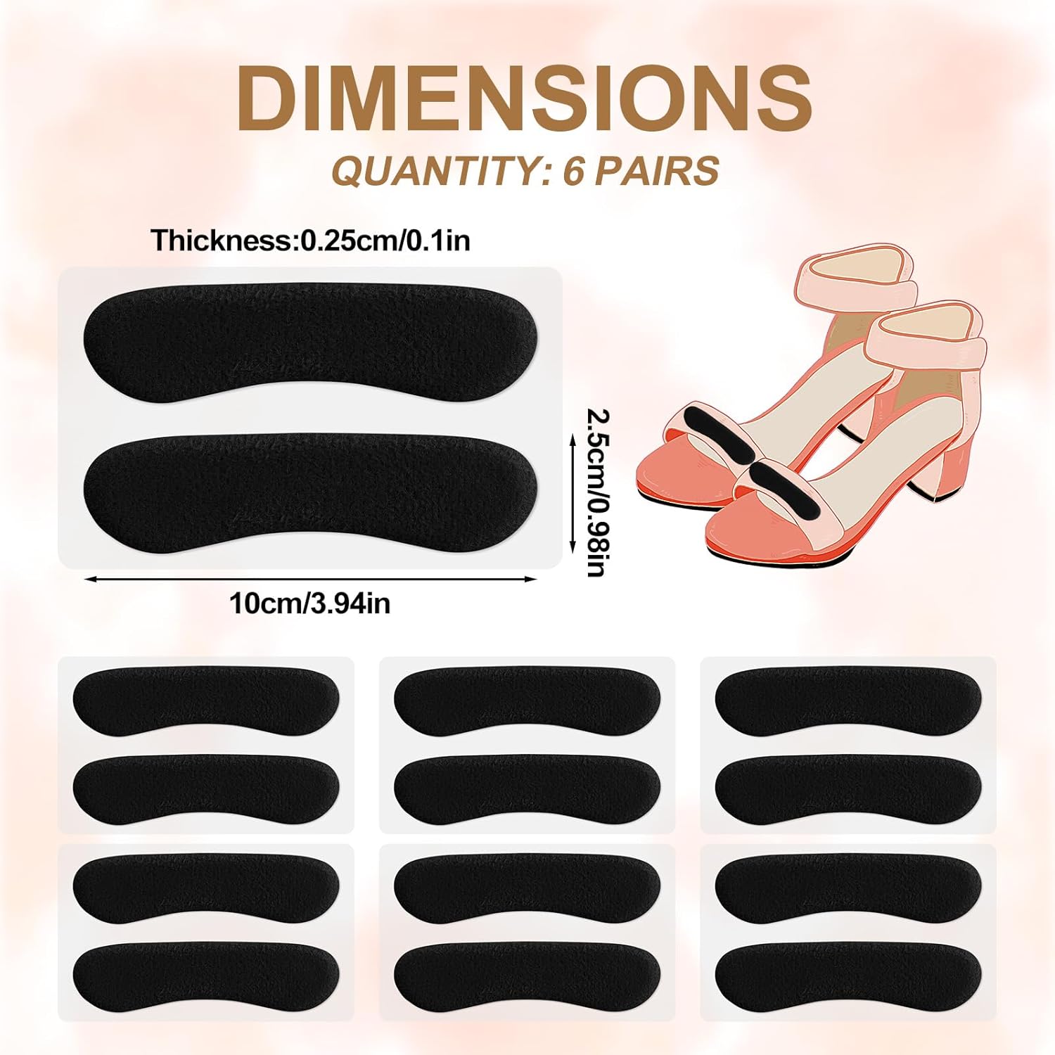 6 Pcs Sandal Strap Cushion Strips, Cushioning Insert Pads Self-Adhesive Soft Heel Grips Liner for Loose Shoes Prevent Friction Slipping (Black) Black - - Image 2