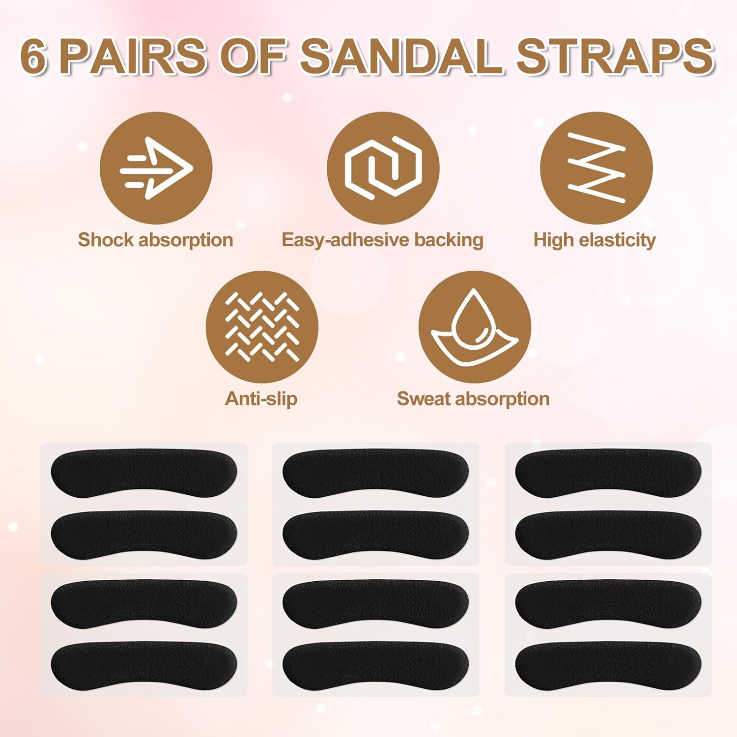 6 Pcs Sandal Strap Cushion Strips, Cushioning Insert Pads Self-Adhesive Soft Heel Grips Liner for Loose Shoes Prevent Friction Slipping (Black) Black - - Image 6