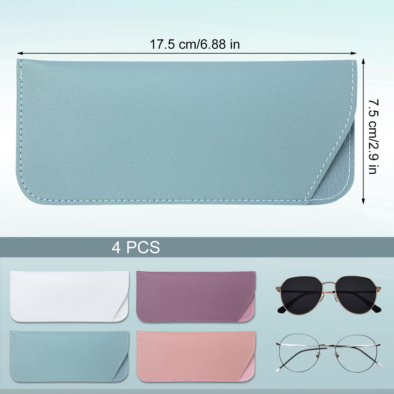 Soft Leather Glasses Cases, 4 Pcs Slim Reading Eyeglasses Case Portable PU Sunglasses Pouch Safety for Women Men 2.8 x 6.8 Inch, Colors - - Image 2