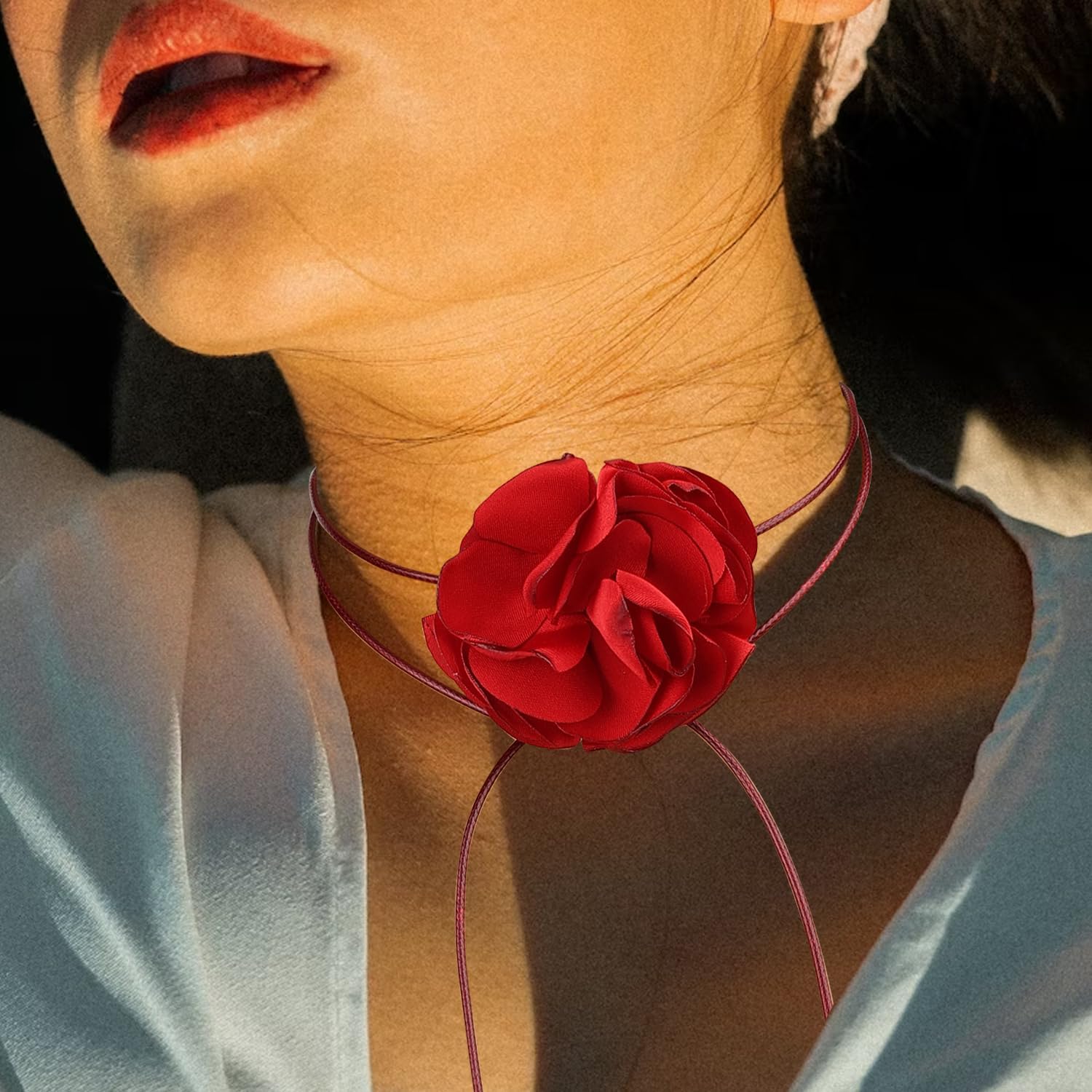 Vintage Flower Necklaces, Boho Floral Necklace Adjustable Fabric Rose for Women Girls Bride Wedding Party Birthday (Red) - - Image 3