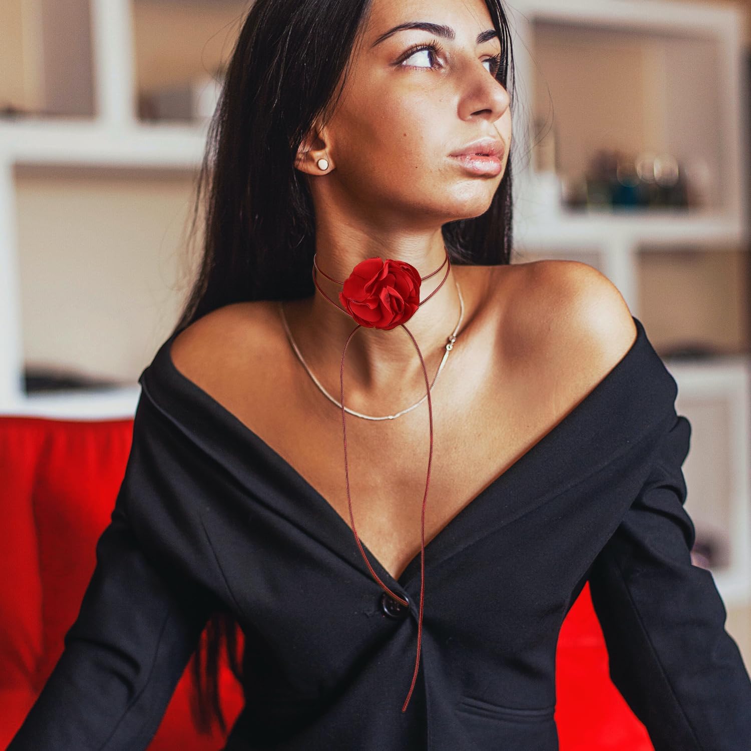 Vintage Flower Necklaces, Boho Floral Necklace Adjustable Fabric Rose for Women Girls Bride Wedding Party Birthday (Red) - - Image 5